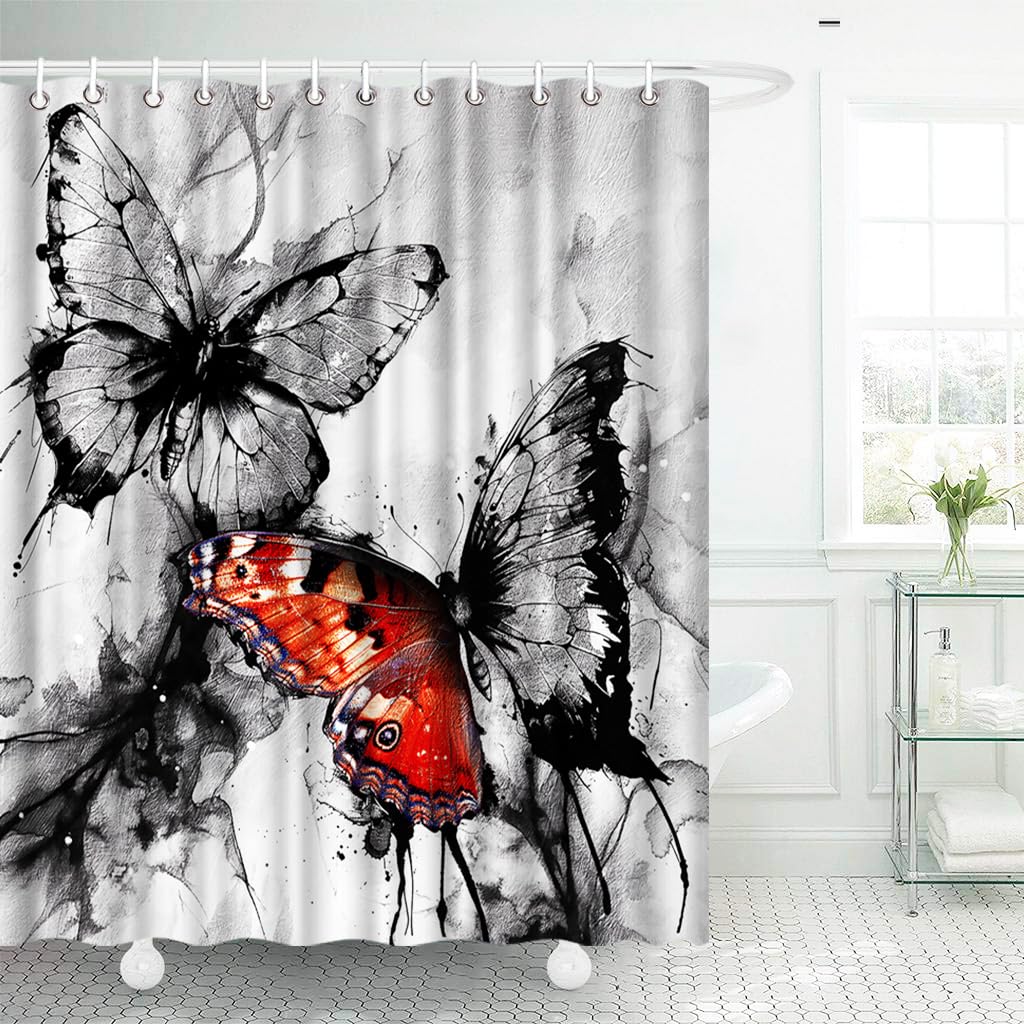 Conipit Butterfly Shower Curtains for Bathroom Black Red Ink Painting Shower Curtain Watercolor Butterfly Bathroom Curtain 72"x72" with 12Pcs Hooks(red)