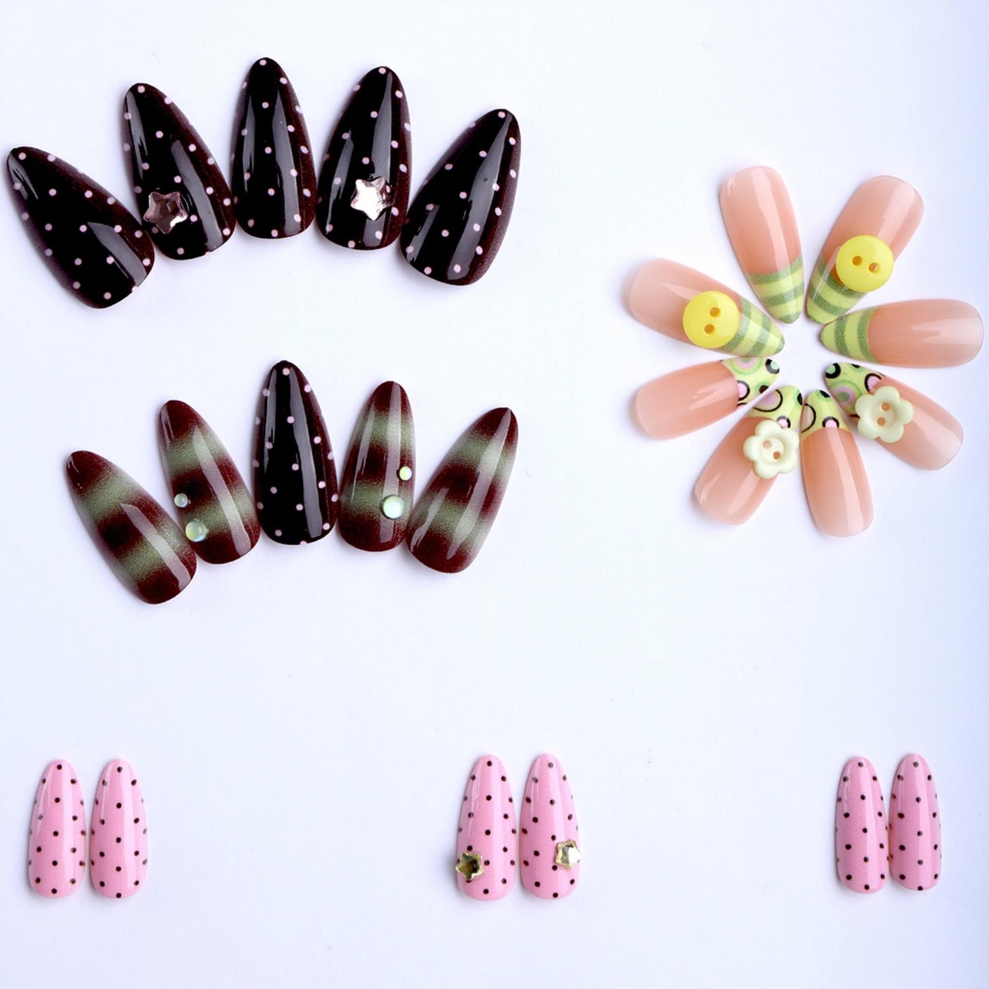 OCTOSWAVE Almond Press on Nails Long 3D Y2K Fake Nails with Star Flower Charms Durable Acrylic False Nails for Women Girls Party 24Pcs