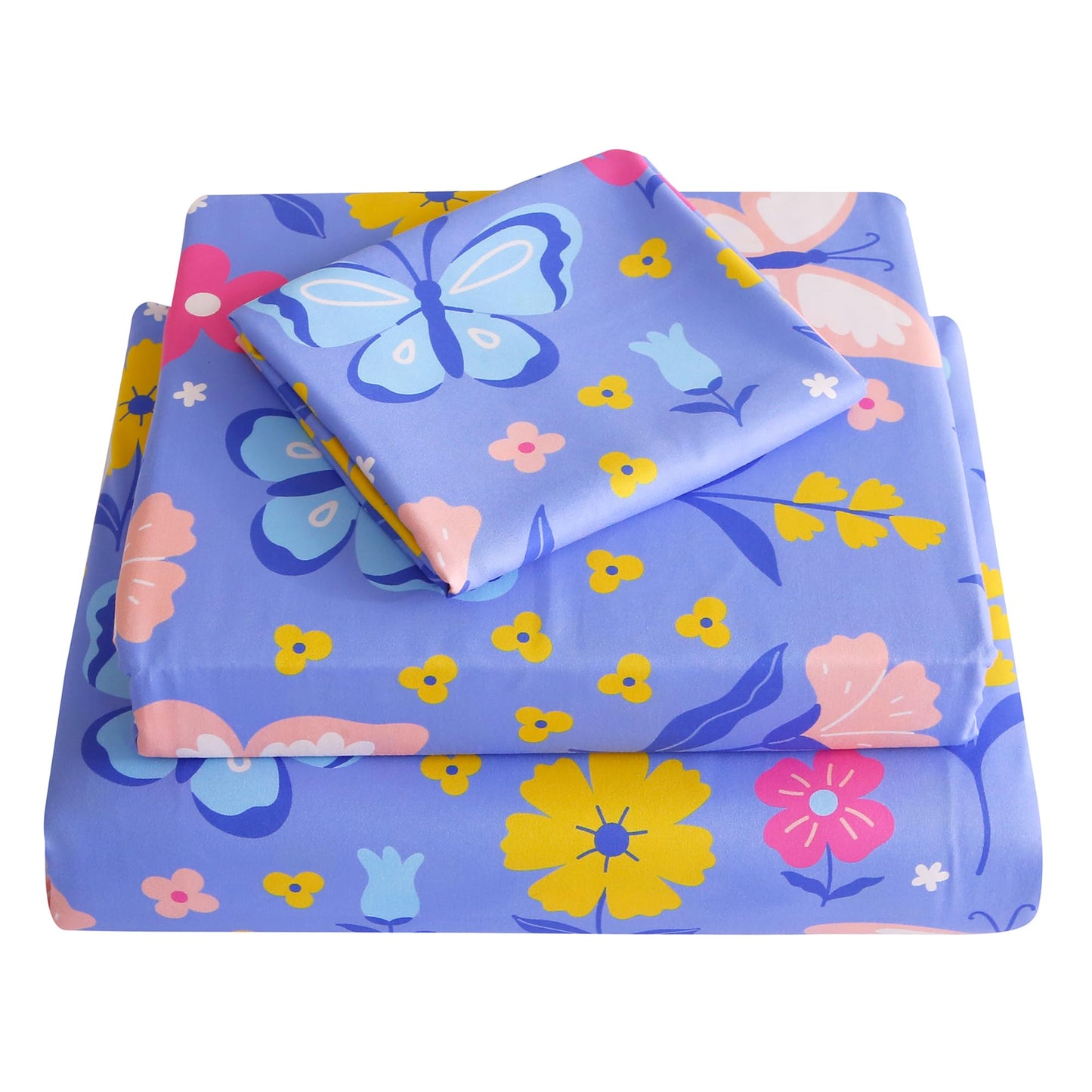 Softan Kids Twin Sheets Set, 3 Piece Butterfly Floral Bedding Set for Girls, Soft Breathable Microfiber with 15" Deep Pocket, Fitted Flat Sheet & Pillowcase