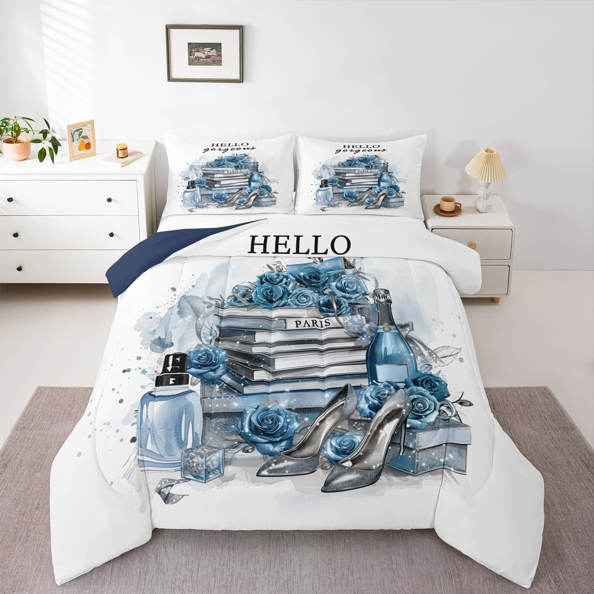 Erosebridal Girly Blue King Bedding Set Silver Fashion Comforter Women Girls Gray Teal Flower Perfume Duvet Insert High Heels Magazine Books Floral Bed Sets Paris Romantic Bedroom Decor