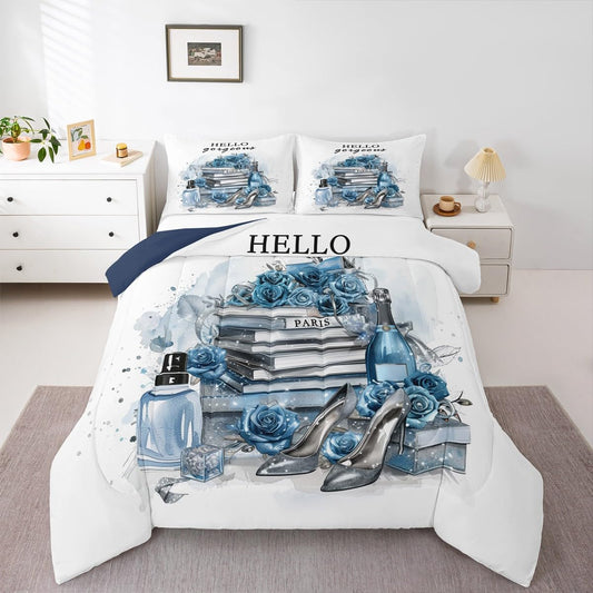 Erosebridal Girly Blue King Bedding Set Silver Fashion Comforter Women Girls Gray Teal Flower Perfume Duvet Insert High Heels Magazine Books Floral Bed Sets Paris Romantic Bedroom Decor