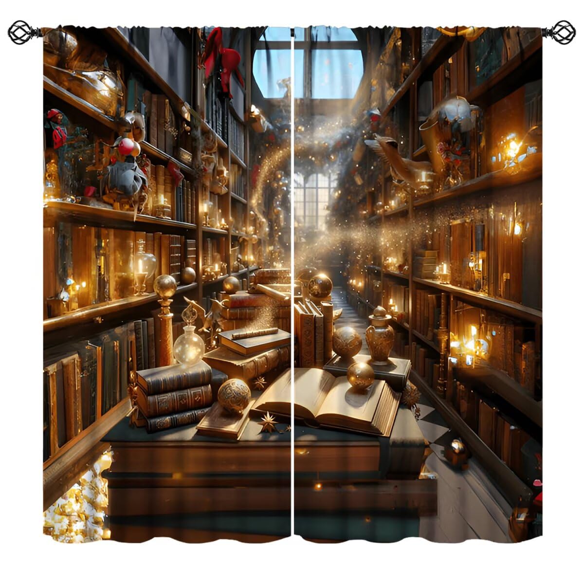 Nsbul Magical Wizarding Library Curtains, Retro Mid Century Books Bookshelf Fantastic Window Treatment for Bedroom Living Room Office Study Decor, 42" W X 45" L(No Blackout)