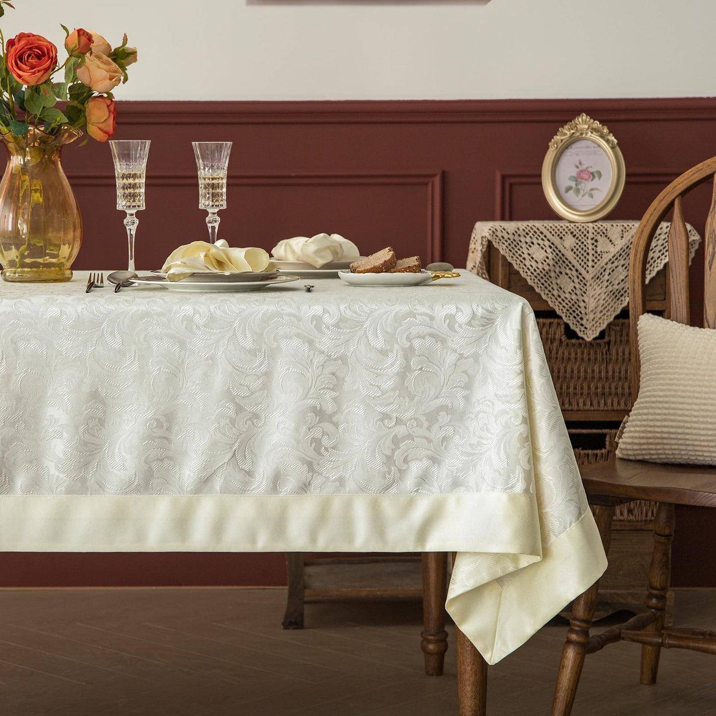 GLORY SEASON Emboss Style Textured Tablecloth Waterproof Solid Bordered Retro Tablecloths Classic Luxurious Washable Rectangle/Oblong Table Cloth,Kitchen Dinning Decor 60x120 Inch