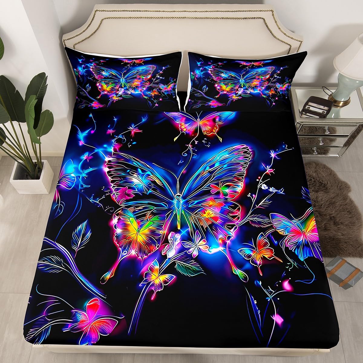 Feelyou Cute Butterfly Fitted Sheet with 1 Pillowcase Twin Size Glitter Bed Sheets Set 16" Deep Pocket Boys Girls Purple Butterfly Bedding Animals Teens Bedroom Decor