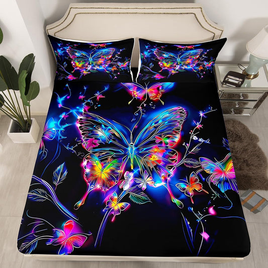 Feelyou Cute Butterfly Fitted Sheet with 1 Pillowcase Twin Size Glitter Bed Sheets Set 16" Deep Pocket Boys Girls Purple Butterfly Bedding Animals Teens Bedroom Decor