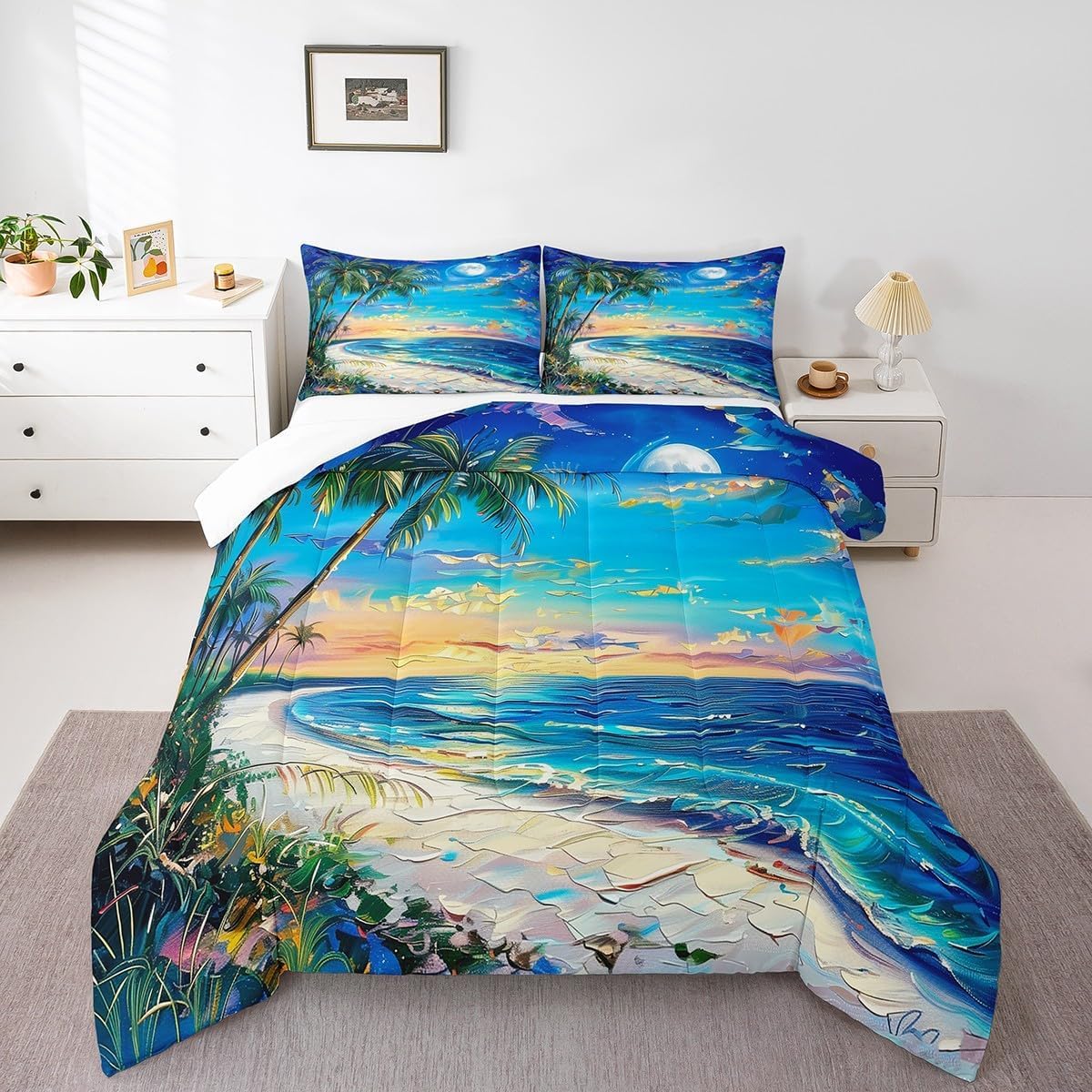 Castle Fairy Seaside Hawaii Comforter Queen,Tropical Coconut Tree Watercolor Oil Painting Quilt Comforter with 2 Pillowcases,Sea Ocean Beach Coastal Bedding Set Comfortable,Soft and Breathable