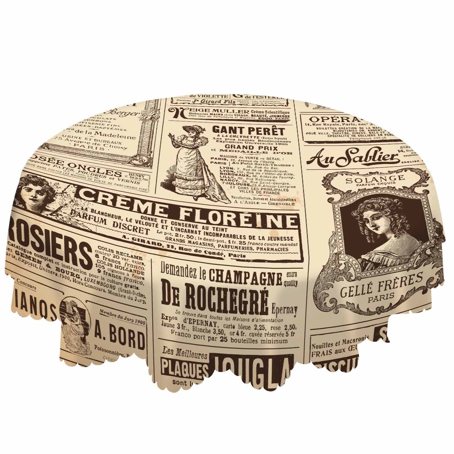 AOYEGO Brown Newspaper Tablecloth Round France Paris Table Cloth Vintage News Women Pattern Advertisement Tablecloths 60 Inch for Dining Room, Party, Banquet