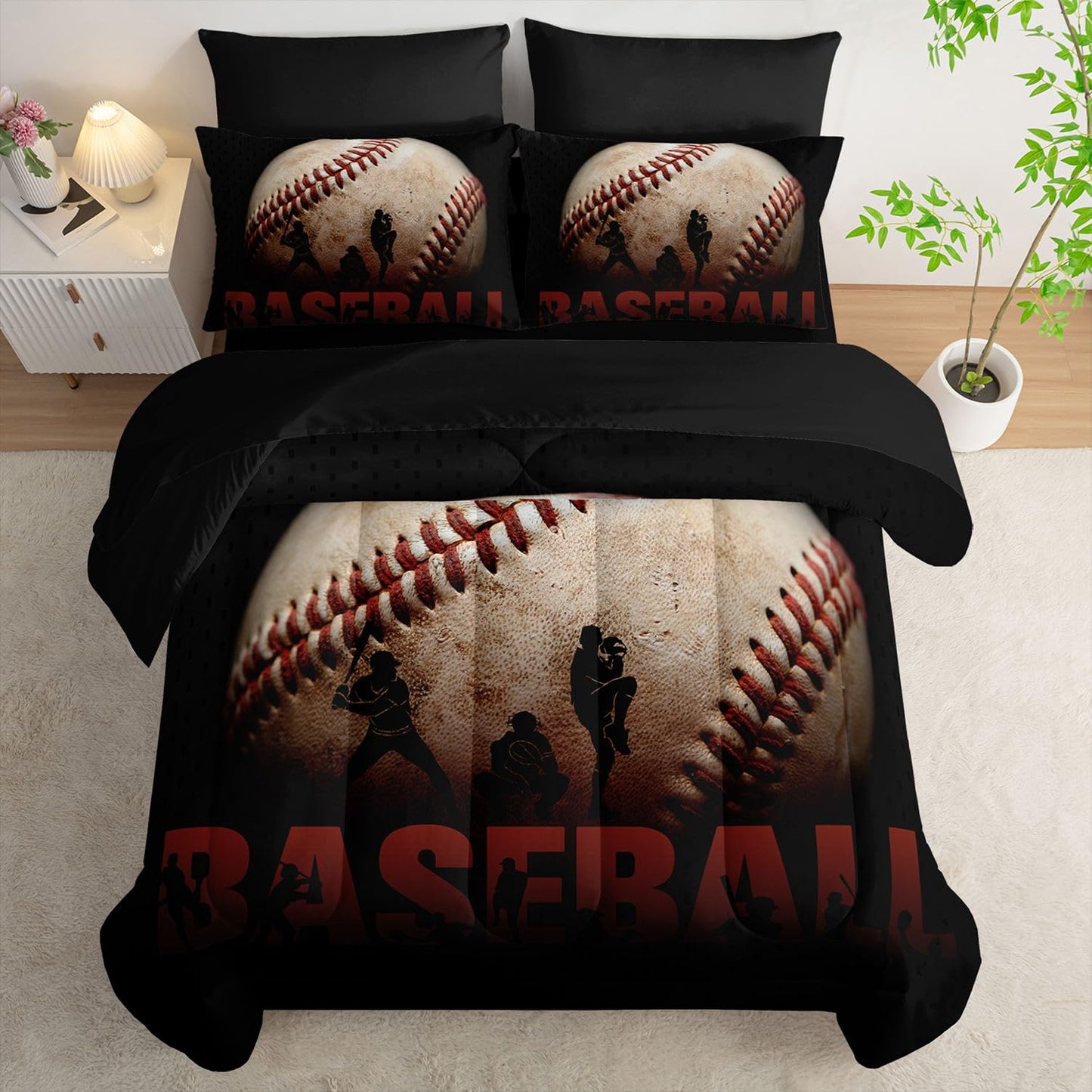 Smell Sunshine 7Pcs Baseball Comforter Set 3D Sports Themed Printed Bedding Set with 1 Comforter, 1 Flat Sheet, 1 Fitted Sheet and 4 Pillowcases for Boys and Girls Bedroom (Baseball Twin
