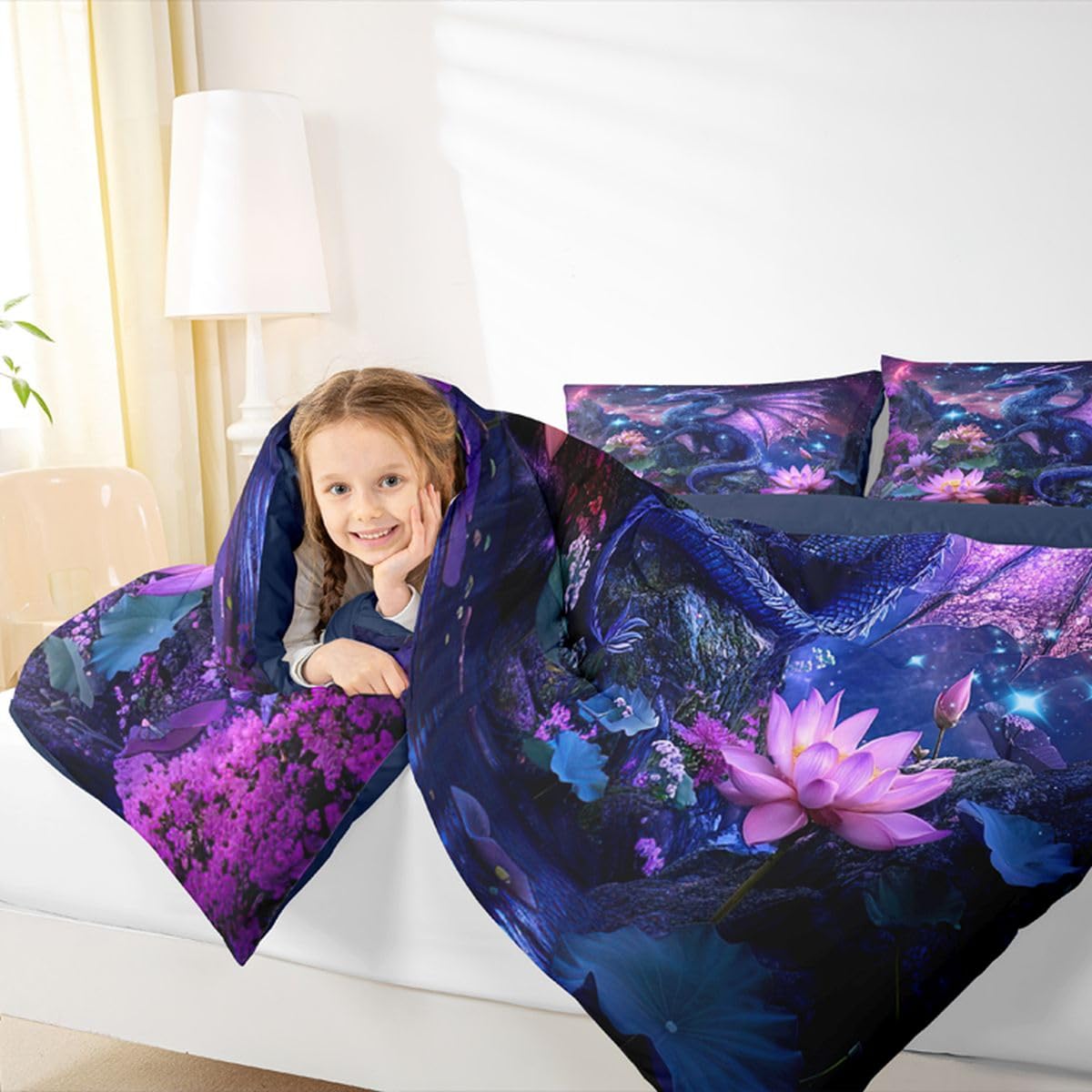 Feelyou Dragon Comforter Set Twin Size Dragon Stuff Bedding Set for Kids Boys Girls Wild Life Duvet Quilt Magic Wildlife Bedroom Decor Dull Purple Microfiber 2 Pcs with 1 Pillow Cases
