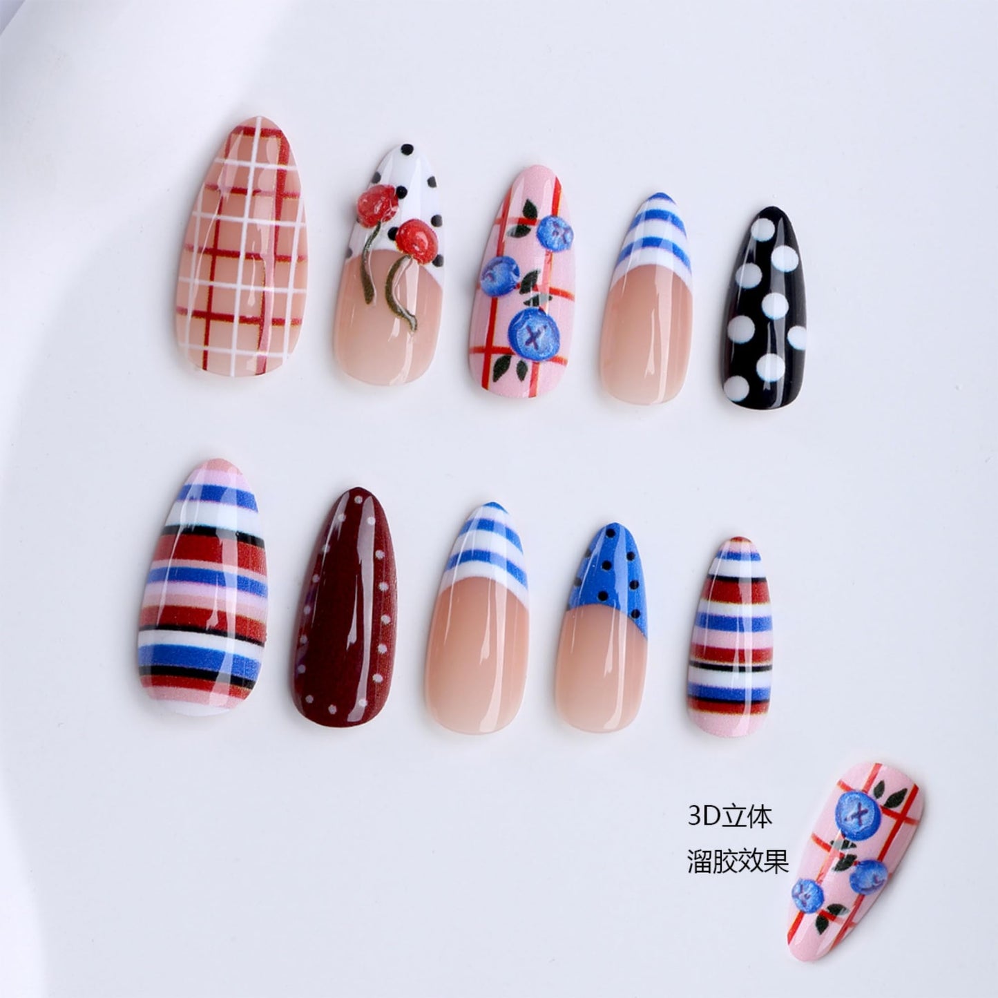 octoswave Long Almond Press on Nails Colorful French Fake Nails with Polka Dot and Stripes Designs for Women Girls 24Pcs
