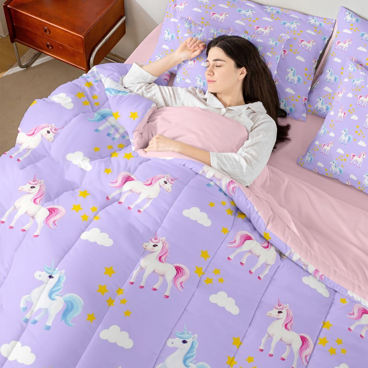 Erosebridal Pink Unicorn 7 Piece Bedding Set King Girly Comforter Set with Sheets Girls Stars Cloud Cute Blue Unicorn Bed in a Bag Princess Purple Dreamy Kawaii for Kids Boys Girls