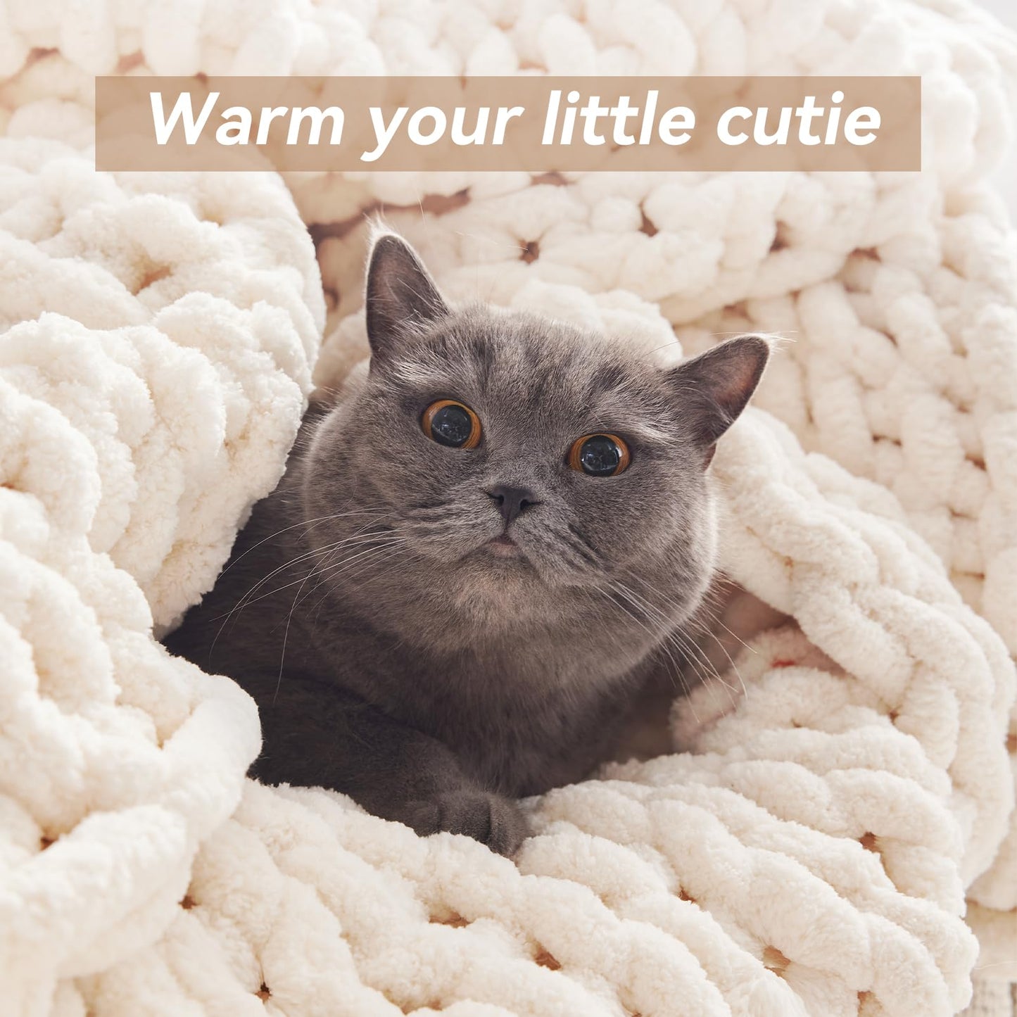 Negwoo Chunky Knit Throw Blanket, 50''*60'' Knitted Throw Chenille Yarn for Bed Couch, Handmade Cream Crochet Big Thick Blanket, Machine Washable Cute Comfy Blanket for Home Decor