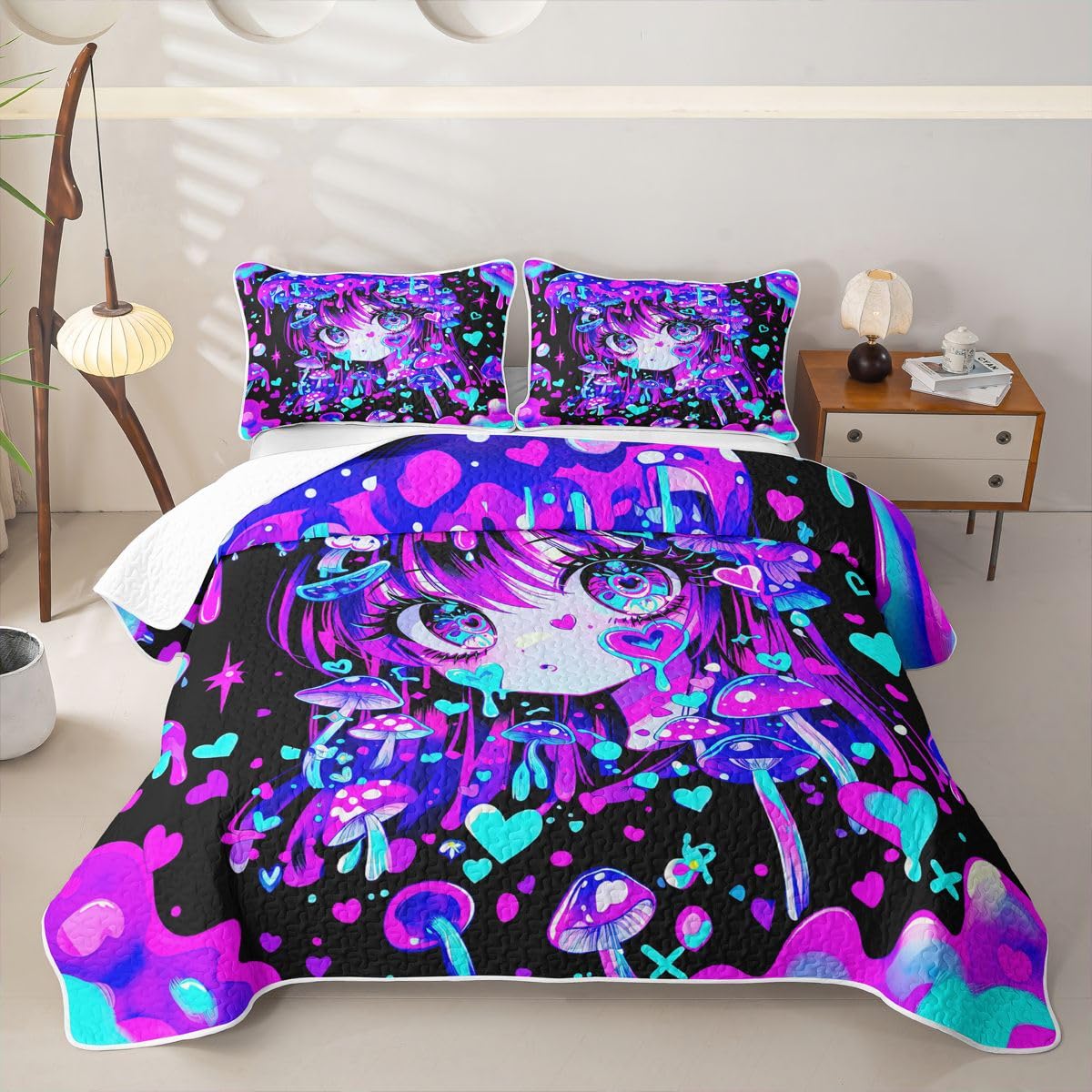 Erosebridal Kawaii Japanese Girl Quilt Twin Size - Anime Girl Bedspread Fantasy Mushrooms Bed Coverlet with 1 Pillowcase