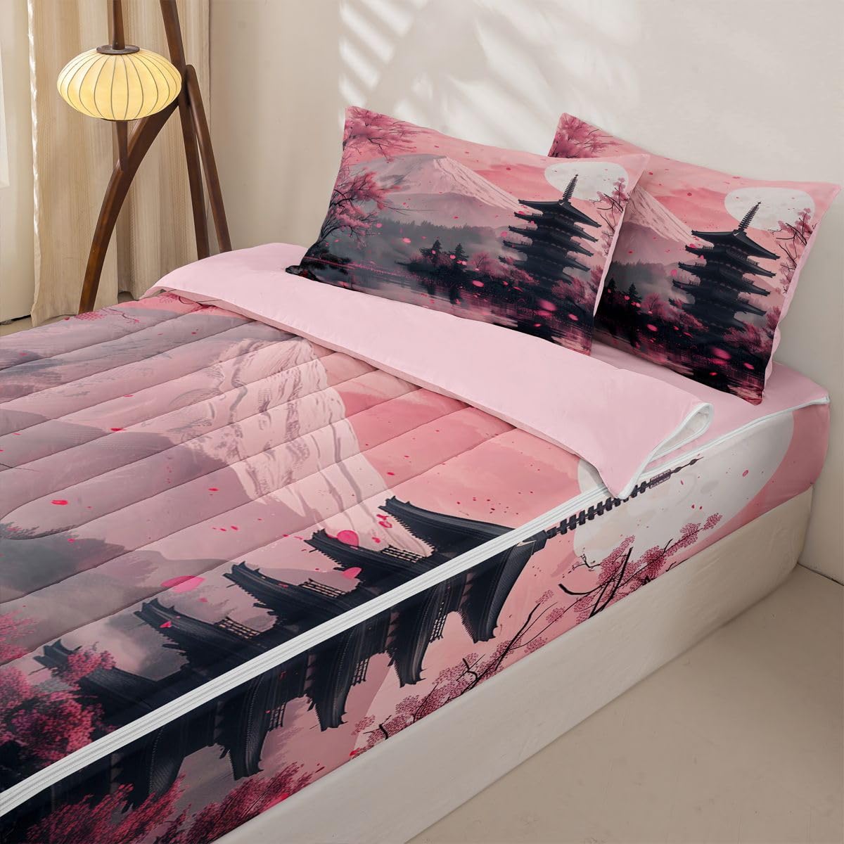 Erosebridal Pink Japanese Kids Comforter Set Full Cherry Blossom Zipper Bedding Sets for Boys Girls Teen Mount Fuji Sunset 3 Pcs Bed in a Bag Set Vintage Japanese Art Zip Up Bedding