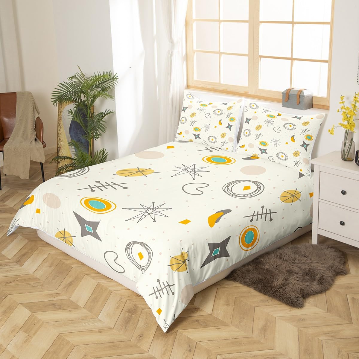 Kids Cartoon Atomic Comforter Cover Modern Mid Century Bed Set, Retro Fifties Duvet Cover Queen Size Hippie Abstract Bedding Sets, Geometric Polka Dots Bedspread Cover Teal Orange Room Decorative