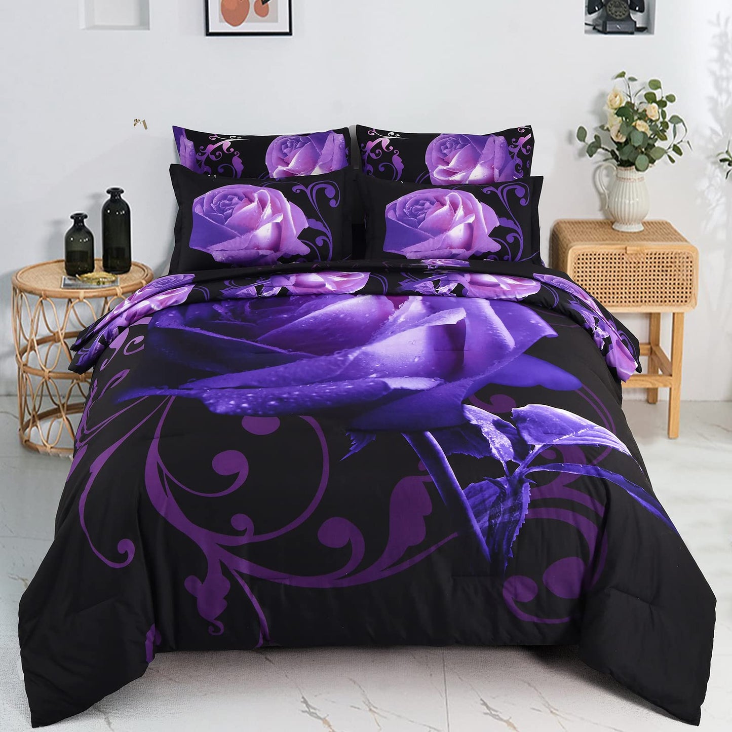 Floral Comforter Set California King 7 Piece Bed in a Bag Purple Rose Flower Comforter with Sheet Set Soft Micorfiber Bedding Set (1 Comforter,2 Pillow Shams,1 Flat Sheet,1 Fitted Sheet,2 Pillowcases)