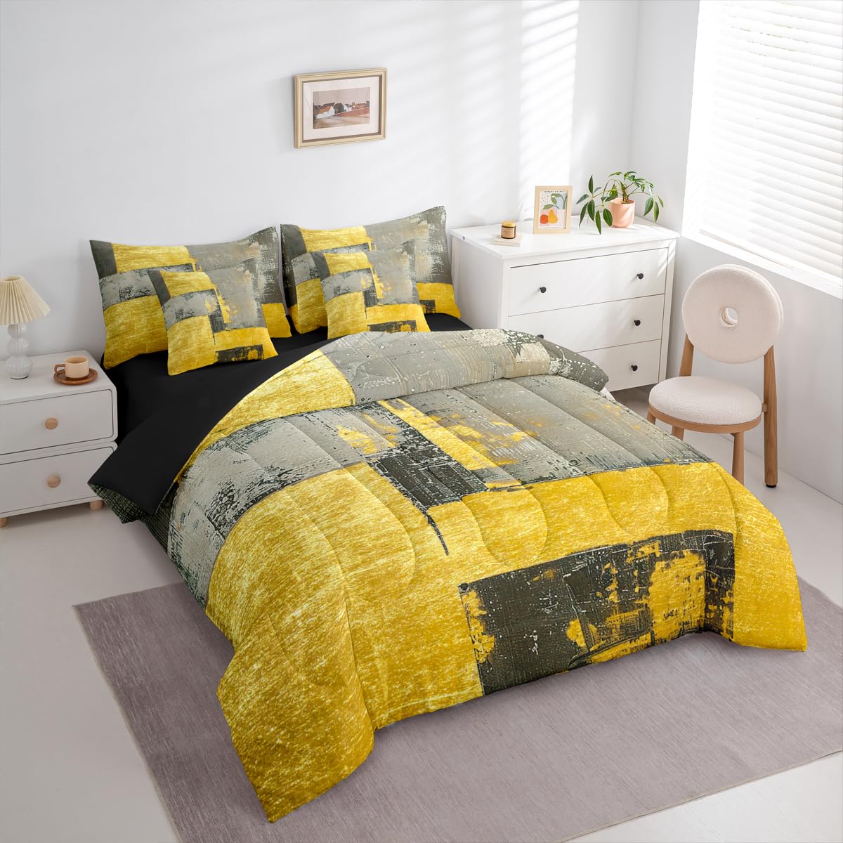 Feelyou Abstract King Comforter Set with Sheets for Kids Boys Girls Modern Abstract Art 7 Pieces Bedding Set Luxury Bed in a Bag Geometric Room Decor Gray Yellow Soft Lightweight Microfiber
