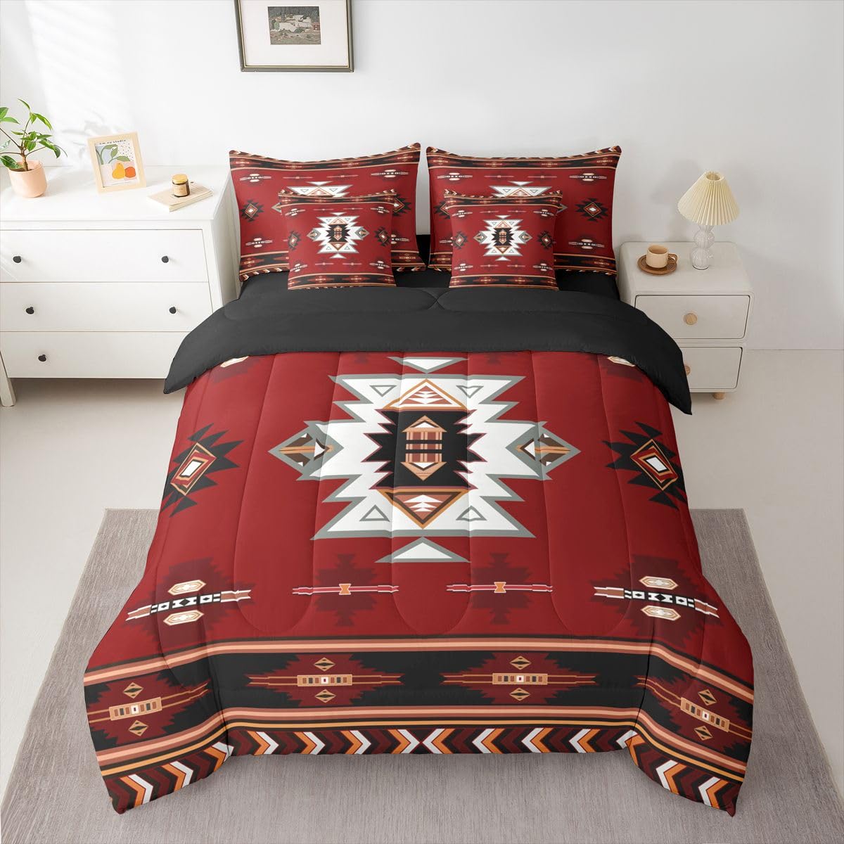 Erosebridal Western Comforter Set 7-Piece Bed in a Bag Twin | Southwest Native Geometric Bedding Sets Exotic Nordic Style Aztec Comforter and Sheet Set, Sriped Diamond Triangle Room Decor,Red