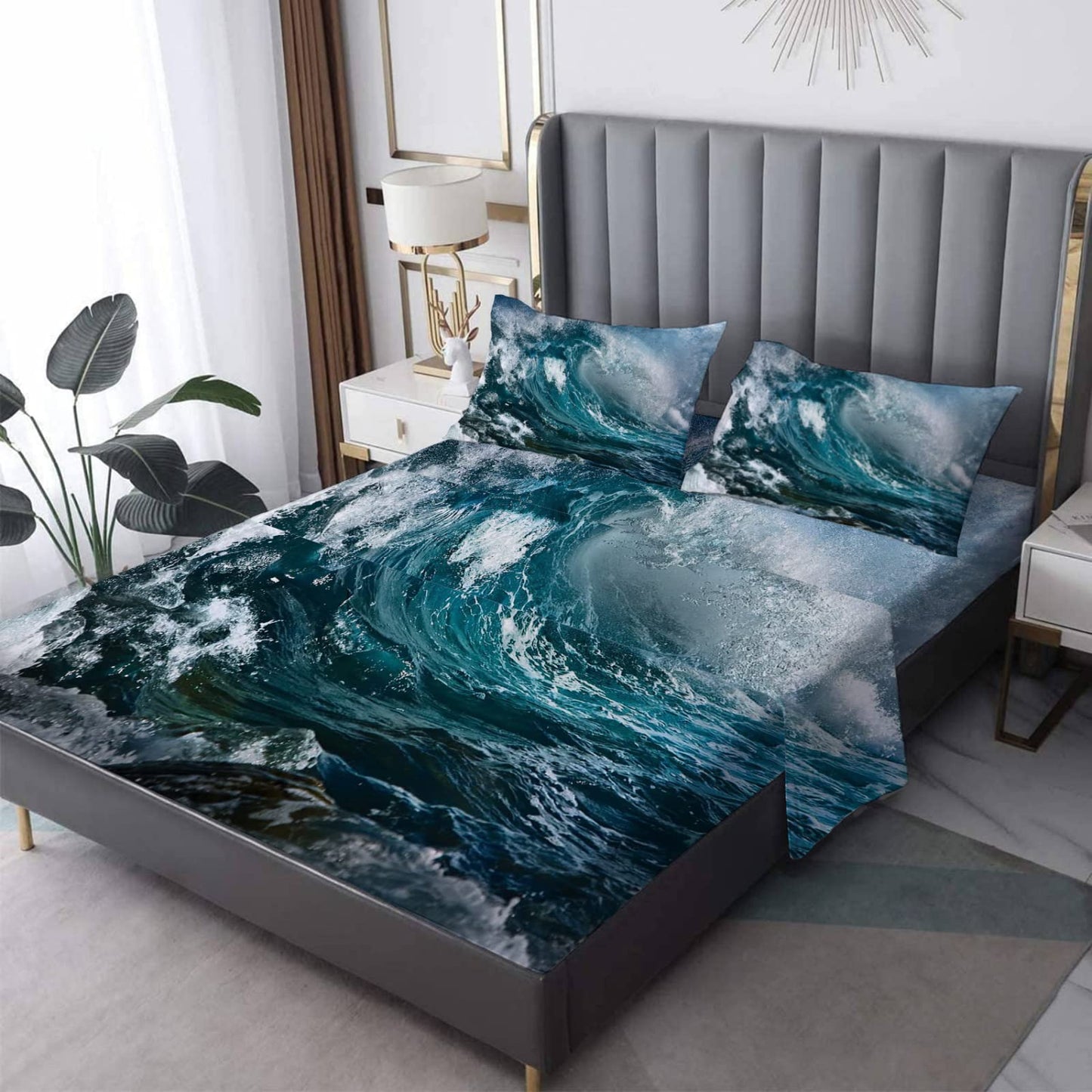 Ocean Waves Sheets Full Size, Nature Landscape Bed Sheets, Patterned Bedding Sheets & Pillowcases 4 Piece Set - Soft Microfiber Deep Pocket Fitted Sheet & Flat Sheet & 2 Pillow Cases