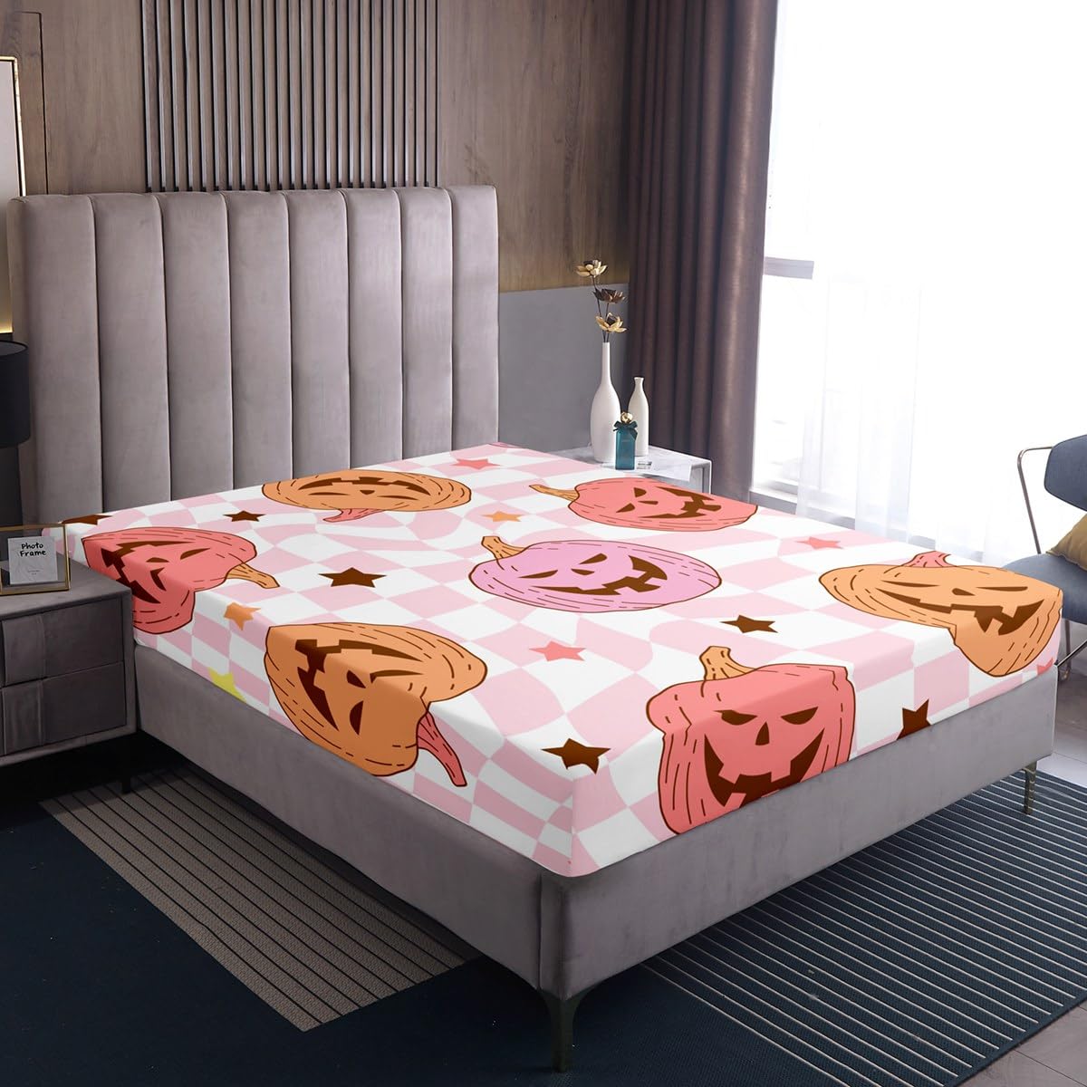 Feelyou Pink Halloween Fitted Sheet with 2 Pillowcases Full Size Halloween Decor Bed Sheets Set 16" Deep Pocket Boys Girls Pumpkin Bedding Trick or Treat Teens Bedroom Decor Breathable Microfiber