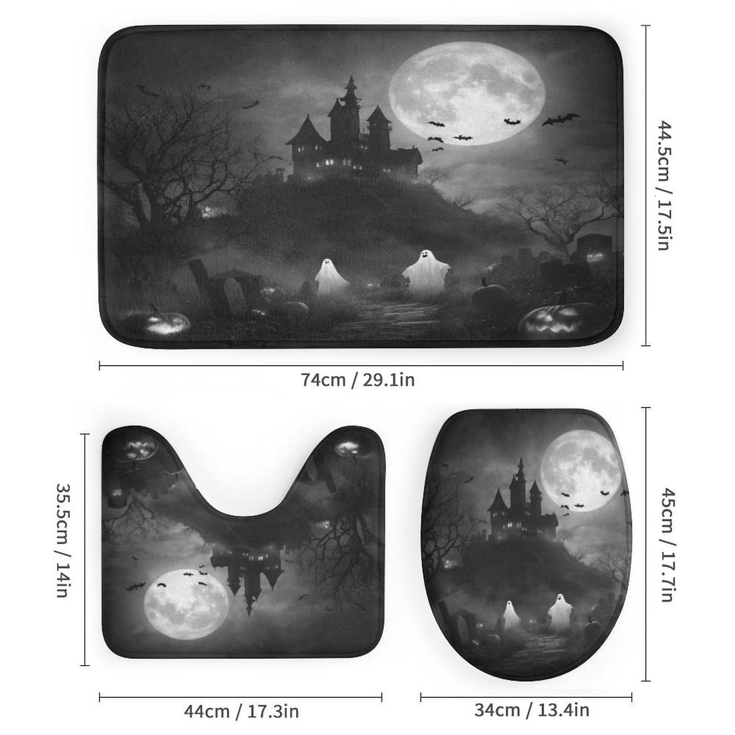 INSFBRB Abstract Horror Halloween Shower Curtain Sets with Rug,Toilet Lid Cover and Bath Mat,Rustic Retro Gothic Castle Halloween Pumpkin Bat Ghost Full Moon 4 Piece Bathroom Set