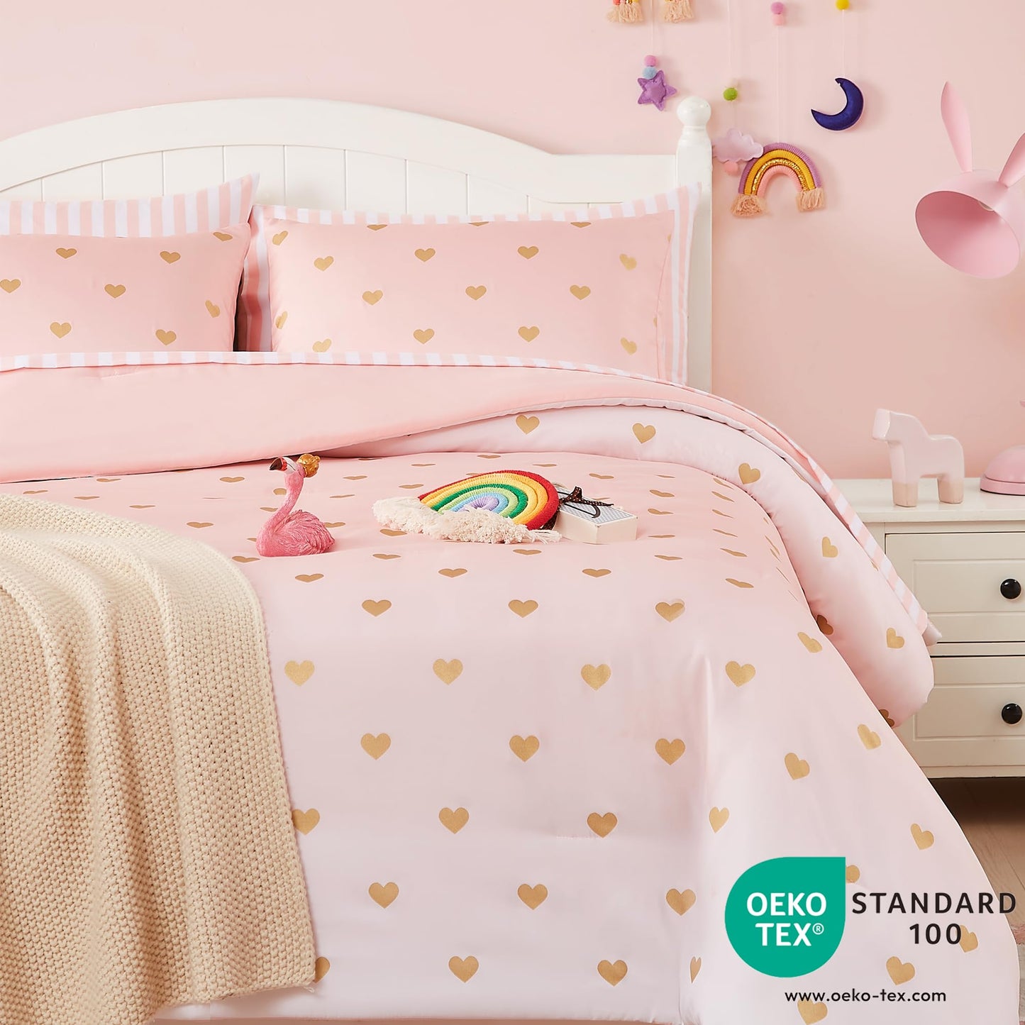 Wink Deer Twin Comforter Set with Sheets for Girls-5 Pieces Twin Bedding Sets with Pink White Gradient Ombre Comforter, Sheets, Pillowcase & Sham for Kids (Gold Heart, 66" X 86")