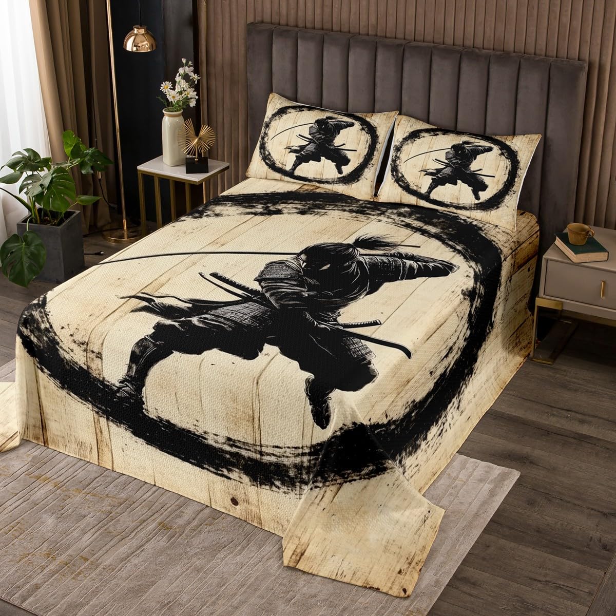 Homewish Japanese Swordsman Bedspread King Size,Retro Samurai Bedding Set 3Pcs for Kids Girls Boys Adult Room Decor,Black Ink Graffiti Quilt Comforter Rustic Brown Wooden Coverlet,2 Pillowcases