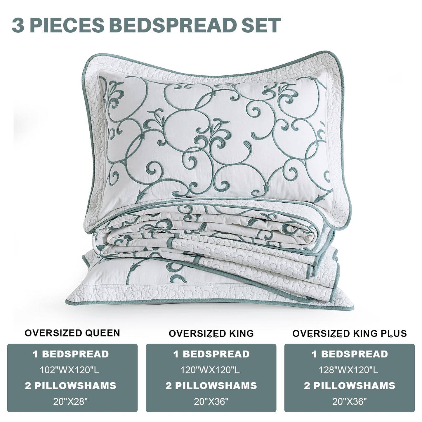 FineStichery Oversized King Bedspread 128"x120" - 100% Cotton California King Quilt, Embroidered Bedspread Coverlet with Pillow Shams, Lightweight Quilted Bedding Set 3 Piece, Aqua Blue/White