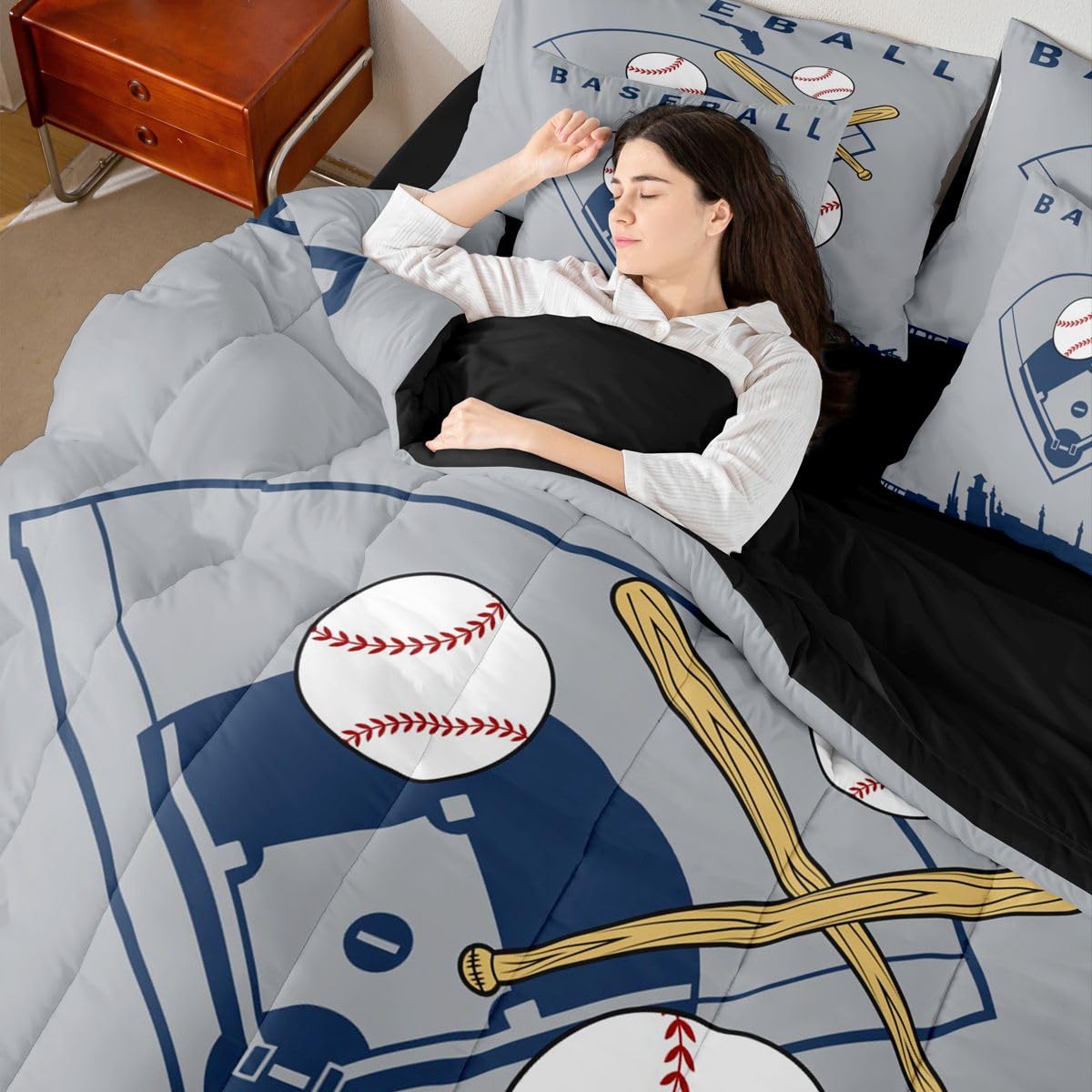 Erosebridal Boys Baseball Full Comforter Set Ball Sports Games 7 Pcs Bedding Set for Kids Teens Baseball Bat Bed in A Bag Softball City Building Sheet Sets for Youth Men Adult Bedroom