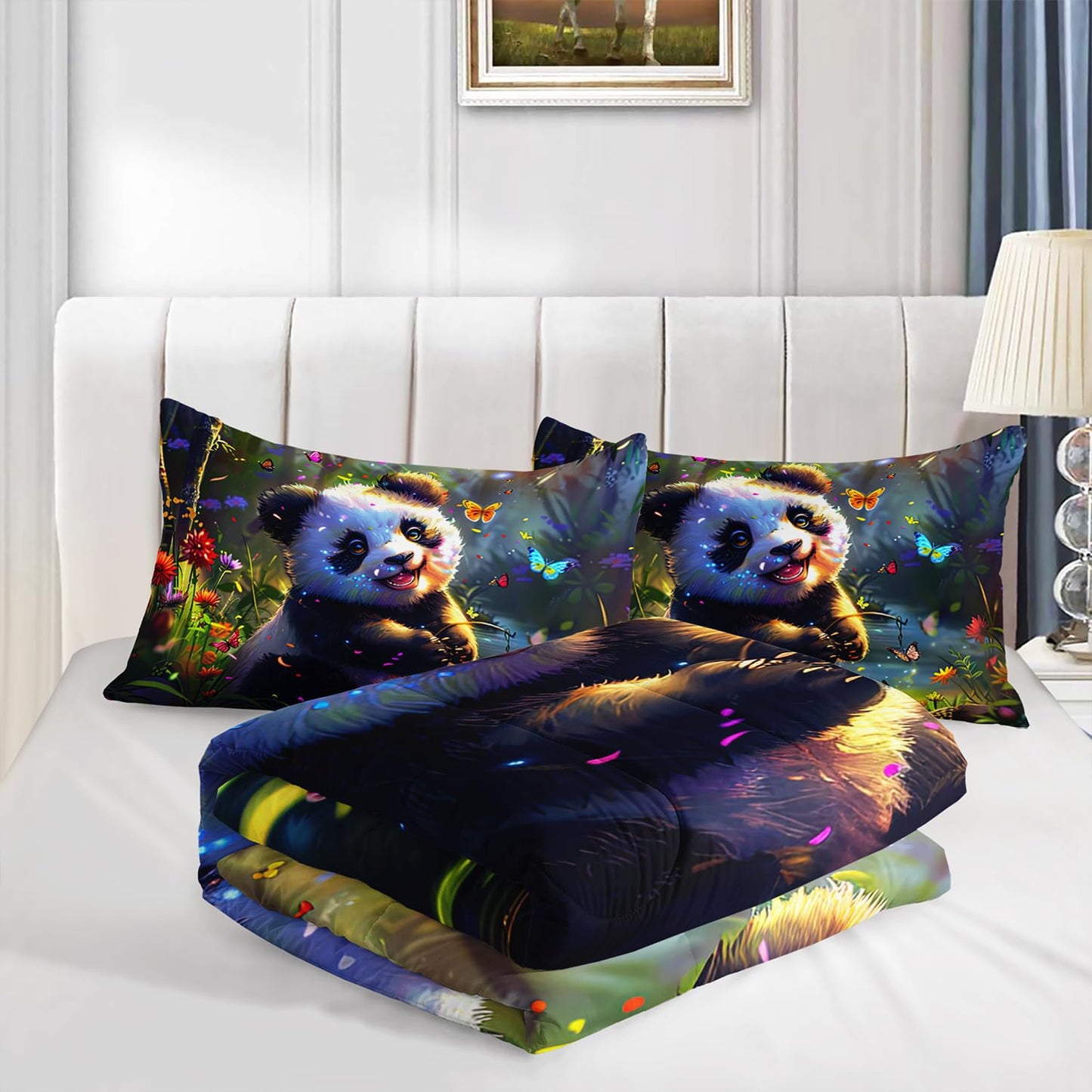 XYNHML Kawaii Black White Panda Comforter 3Pcs Panda Animal Themed Bedding Full Butterfly Bamboo Forest Quilt Set for Kid Teen Girl Boy Flower Botanical Bed Decor with 1 Comforter and 2 Pillowcases