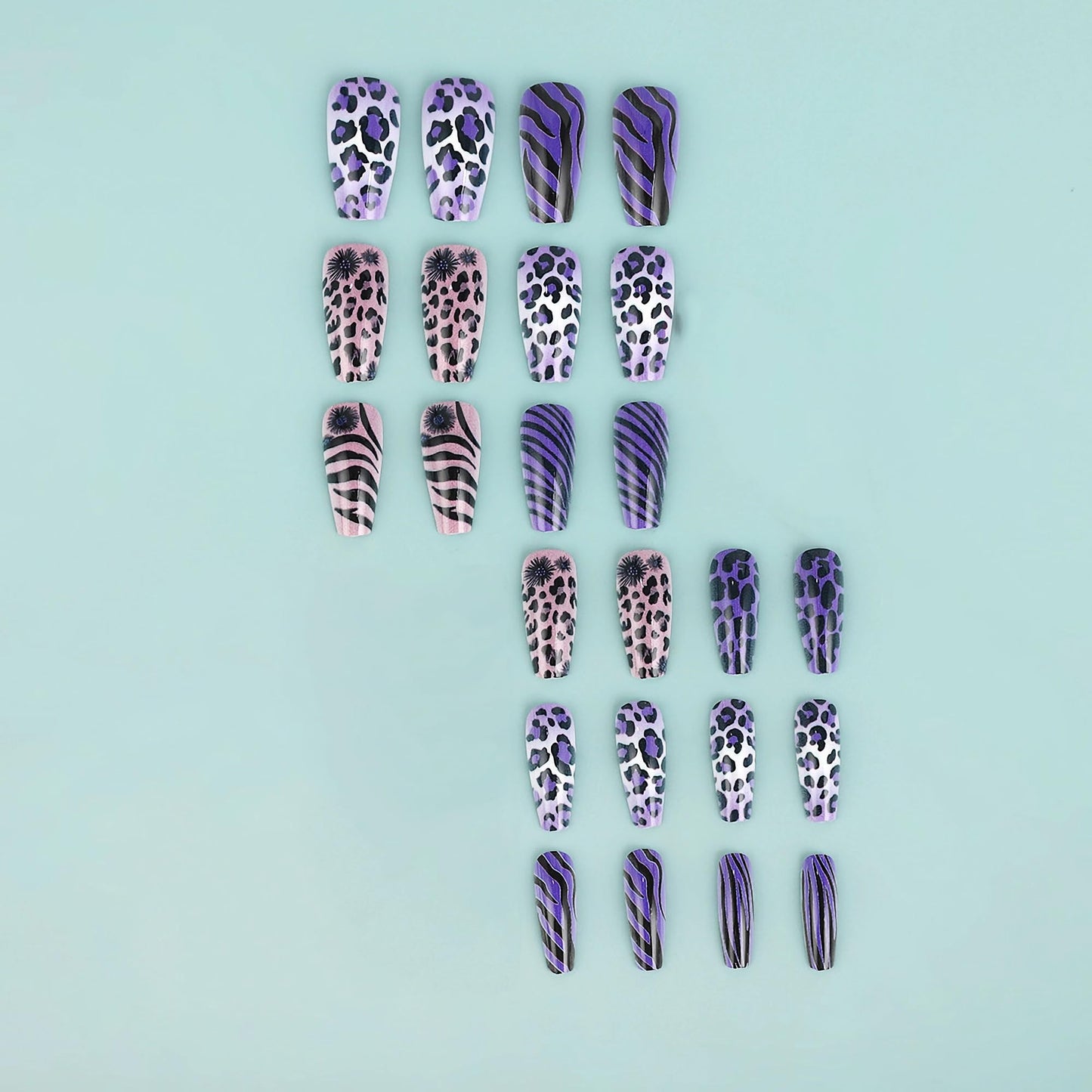 MERVF Coffin Press on Nails Long Fake Nails Purple Leopard Glue ons Ballerina Animal Print Design Acrylic Nail Supplies DIY Wild Manicure Glossy 24pcs