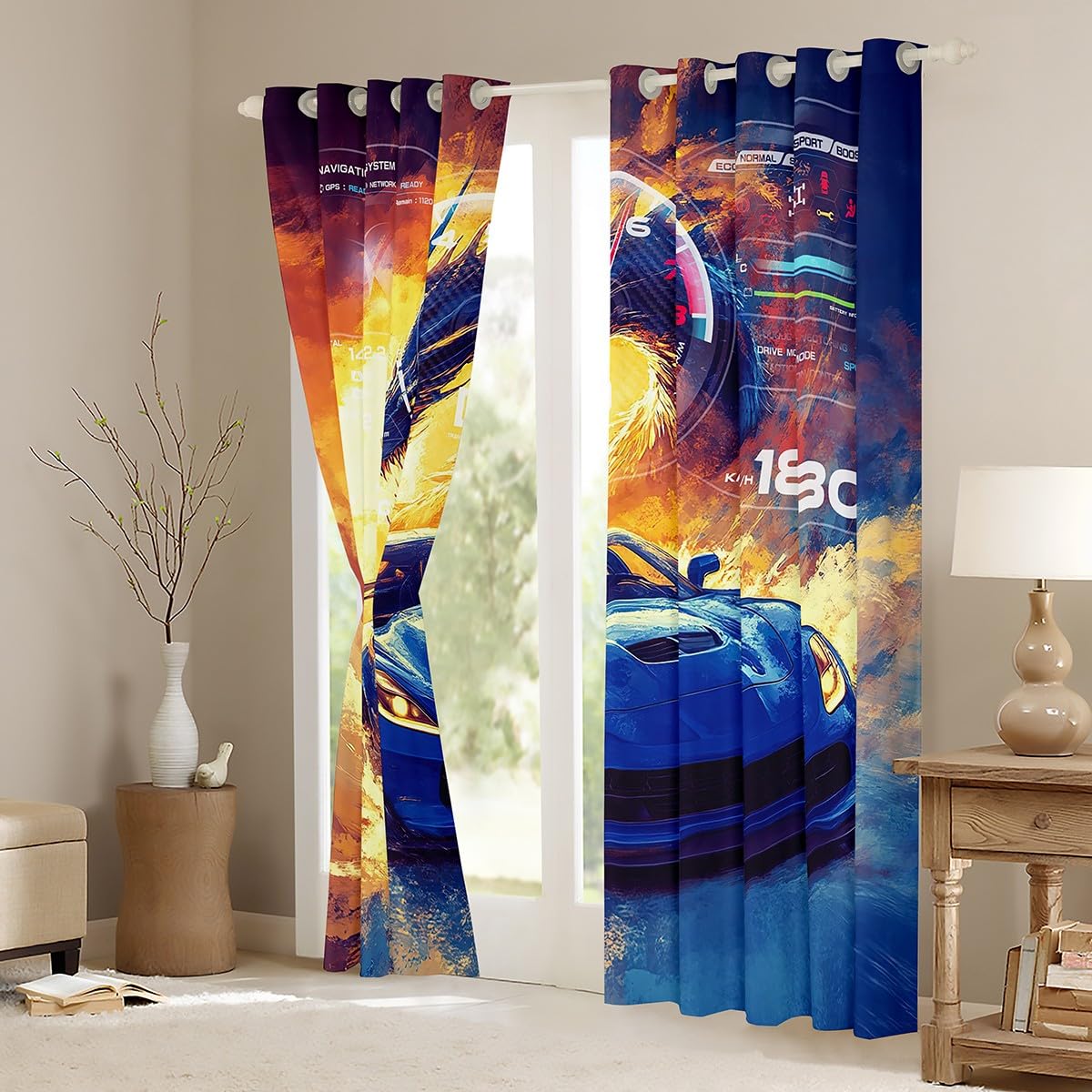 Feelyou Kids Race Car Window Curtains Speed Sports Car Darkening Drapes Racing Car Blackout Curtains Boys Girls Extreme Sports Teens Window Treatments Bedroom Decor (2 Panels, 42 x 63 Inch)