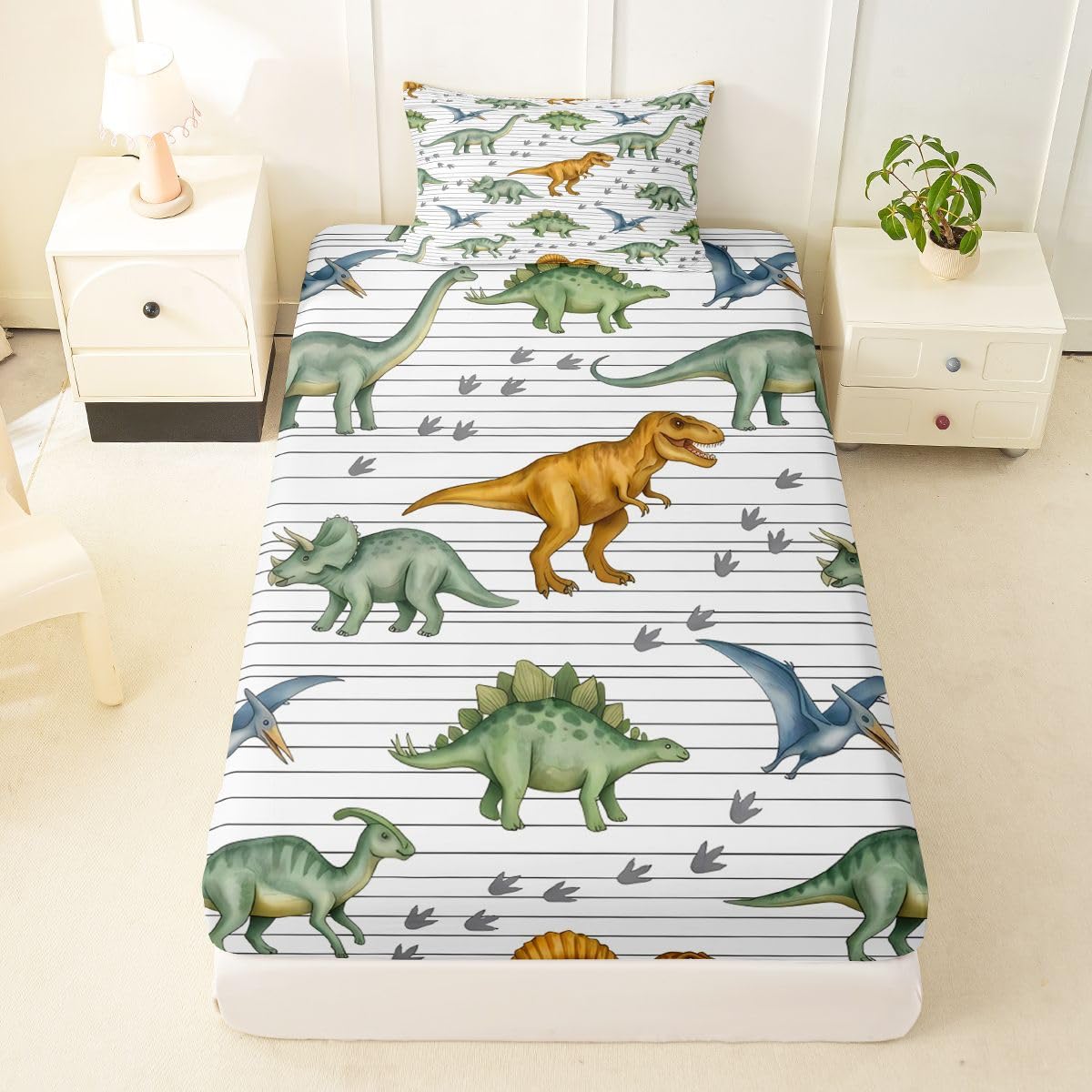 Feelyou Dinosaur Bed Sheets Set Twin Size 3D Digital Print Bed Set for Kids Boys Girls Jungle Dino Deep Pocket Fitted Sheet Wild Animal Breathable Soft Lightweight Microfiber Orange and Green