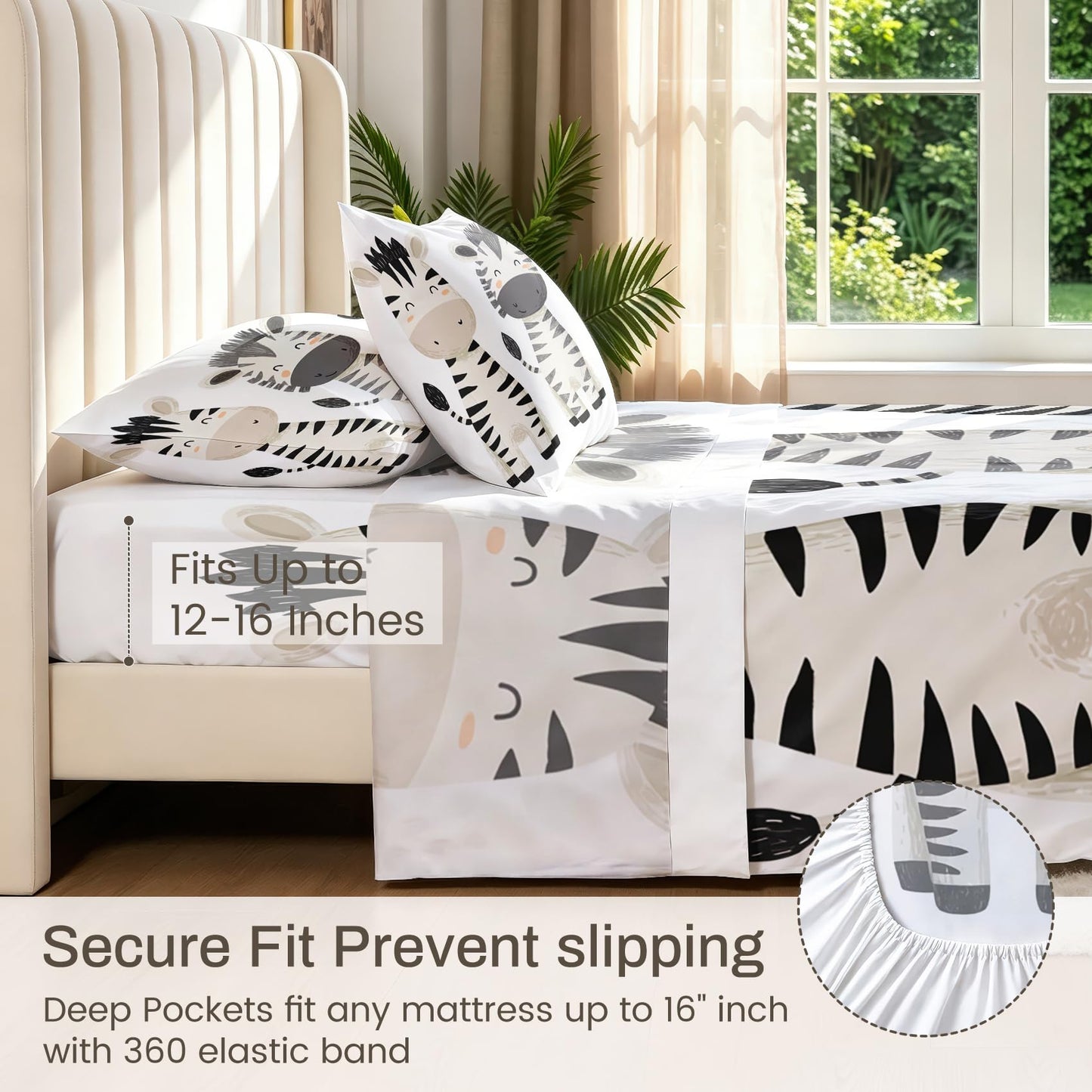 Zebra Twin Sheet Set 3 Pcs Black and White Kids Bed Sheets
