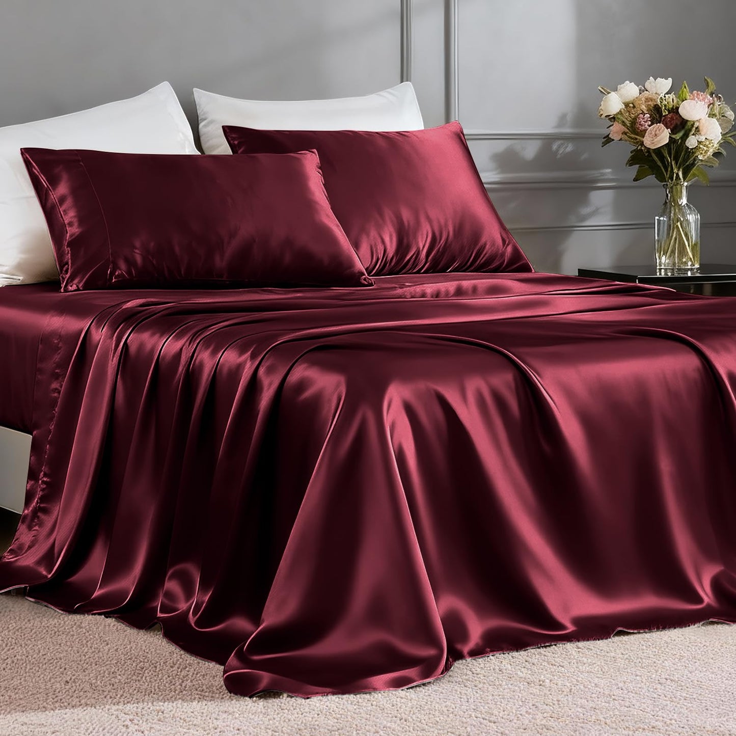 FreshCulture Satin Sheets Full Size - 4 Piece Luxury Soft Silky Full Size Bed Sheets, Similar to Silk Bed Sheet Set with 1 Deep Pocket Fitted Sheet, 1 Flat Sheet & 2 Pillowcases (Burgundy)