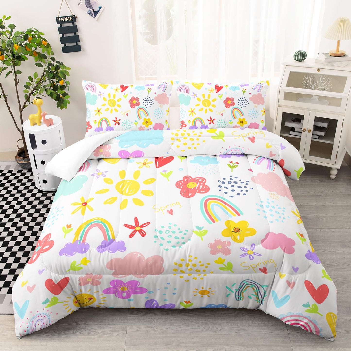 XYNHML Colorful Rainbow Comforter Graffiti Cute Sun Flowers Bedding 3Pcs Full Cartoon Hearts Cloud Pattern Quilt Set for Kids Teens Girls Boys Raindrop Bed Set with 1 Comforter and 2 Pillowcases