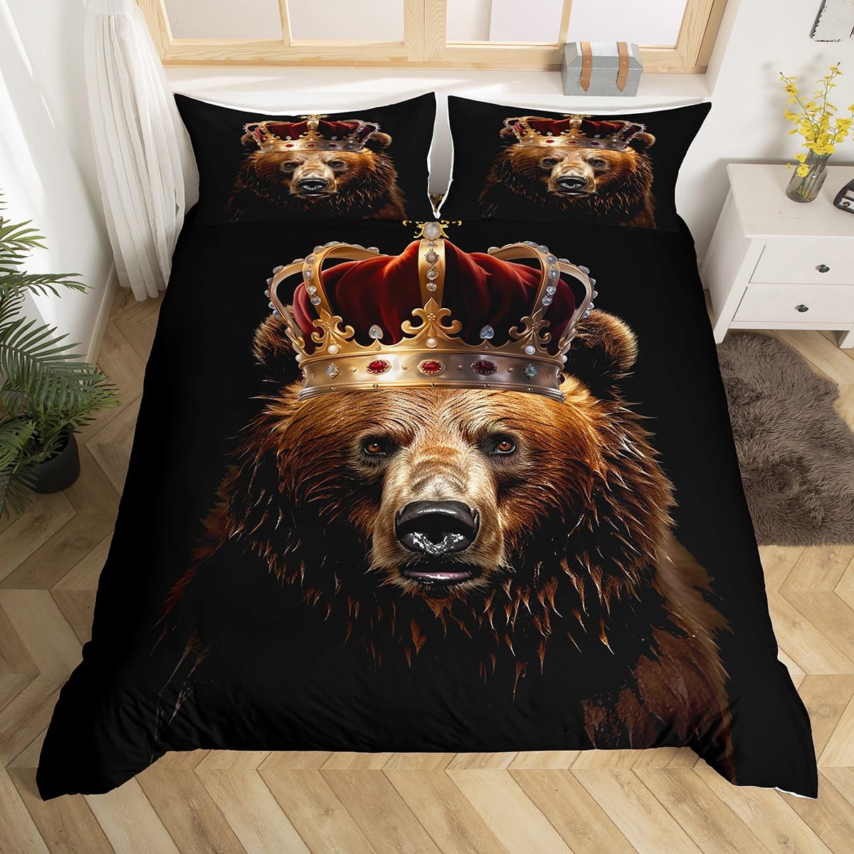 Rustic Bear Duvet Cover Set Full Size,3D Brown Fur Animal Golden Crown Comforter Cover with 2 Pillowcases,African Tropical Wildlife Black Breathable Bedspread for Boys Teens