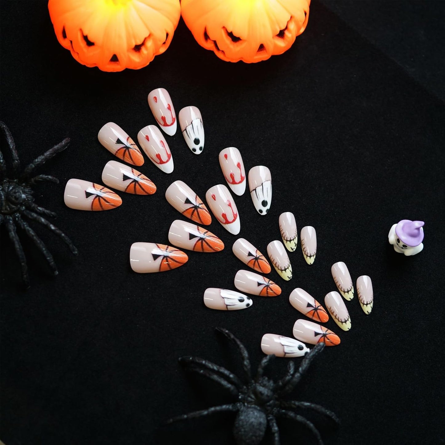 IMSOHOT Halloween Press on Nails Medium Almond Fake Nails Acrylic French Tip False Nails with Ghost, Pumpkin Designs Glossy Full Cover Cute Artificial Glue Stick on Nails 24Pcs