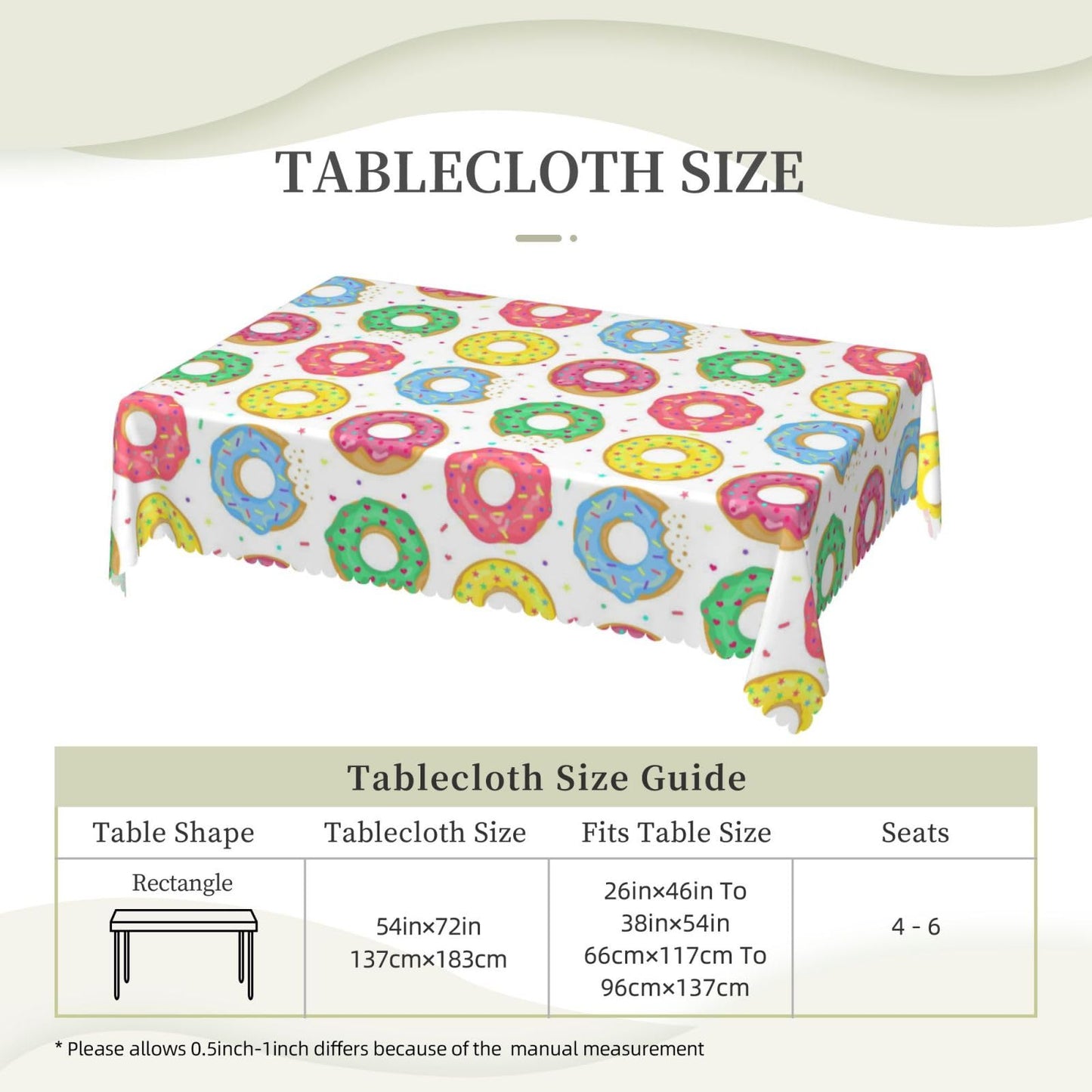 GOUROISE Pink Dount Rectangular Tablecloth, Sweet Food 54x72 Inch Wavy Lace Border Polyester Table Cloth for Dining, Kitchen, Parties
