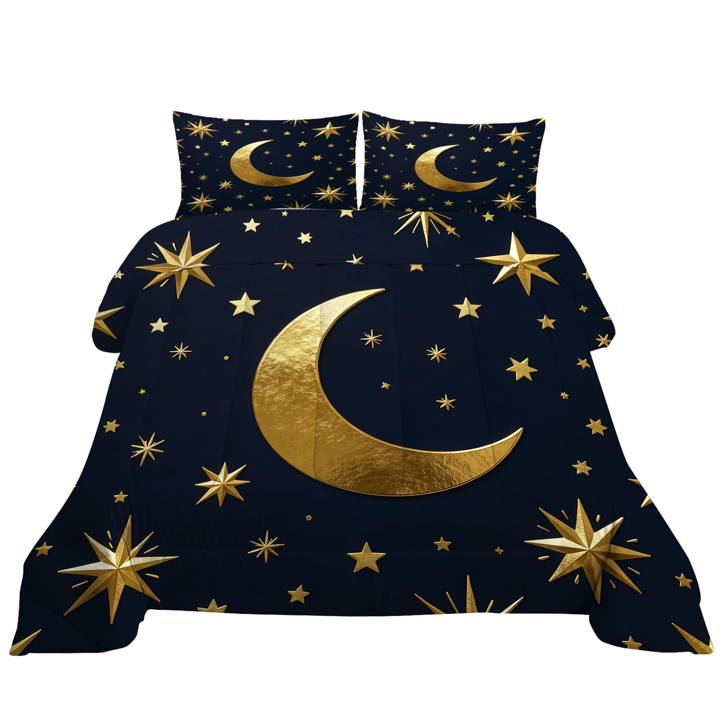 VTKON Gold Moon and Stars Bedding Set, Luxury Celestial Night Sky Comforter Set, Gold Starry Print Bed Set for Girls Bedroom Decor (Full Size 3Pcs with 2 Pillow Cases)