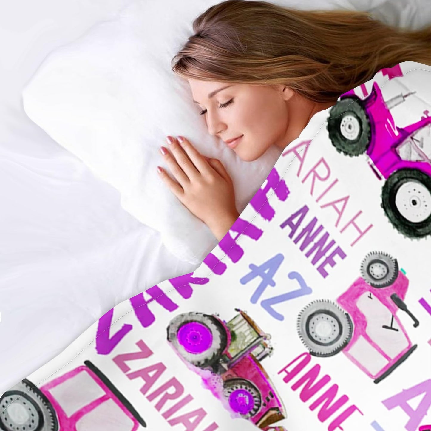 Personalized Tractors Blanket - Custom Name with Farm Tractor Trucks Design - Soft Plush Flannel Bed Blanket for Baby Kid Teen Boys Girls Customized Gifts White & Purple