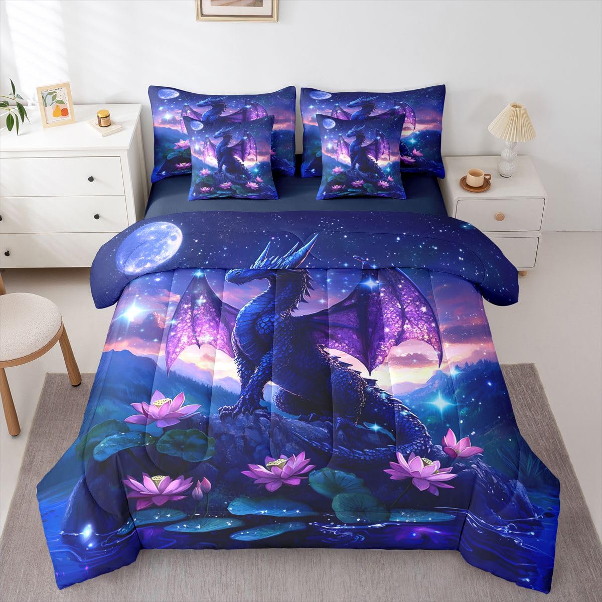 Feelyou Dragon Comforter Set with Sheets 7 Piece Twin Size Dragon Stuff Bed in a Bag Kids Boys Girls Wild Life Bedding Set Magic Wildlife Bedroom Decor Purplish Breathable Soft Lightweight Microfiber
