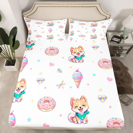 Castle Fairy Cartoon Dog Fitted Sheet Queen Size (No Flat),Sweety Ice Cream Bedding Sets 3Pcs,Girls Boys Adult Room Decor,Dragonfly Diamond Bed Cover Love Heart Deep Pocket Sheet,2 Pillowcases