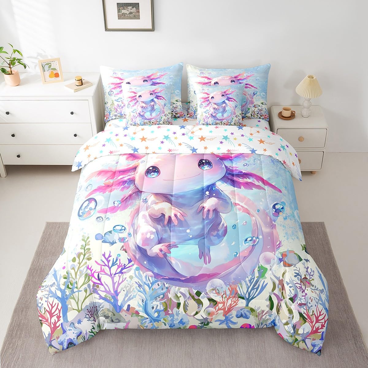 Feelyou Boys Girls Cute Axolotl Comforter Set with Sheets Twin Size, Ocean Sealife 7 Pieces Bedding Sets Kids Kawaii Bed in A Bag Cartoon Salamander Bed Set