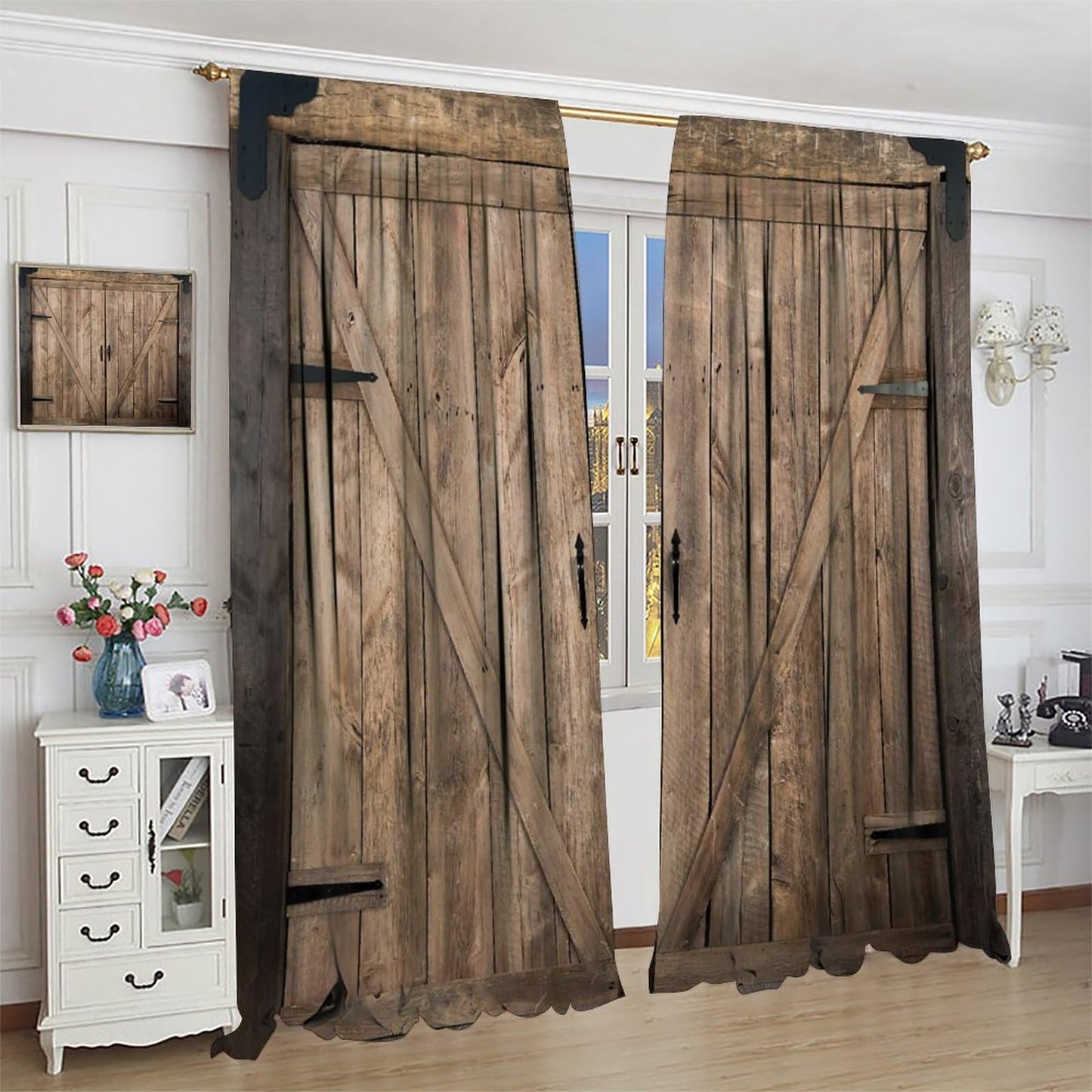 AuiMzoo Vintage Barn Door Blackout Curtains, Farmhouse Old West Rustic Plank Cabin Garage Door, Bedroom Living Room Rod Pocket Curtains42X45 Inch