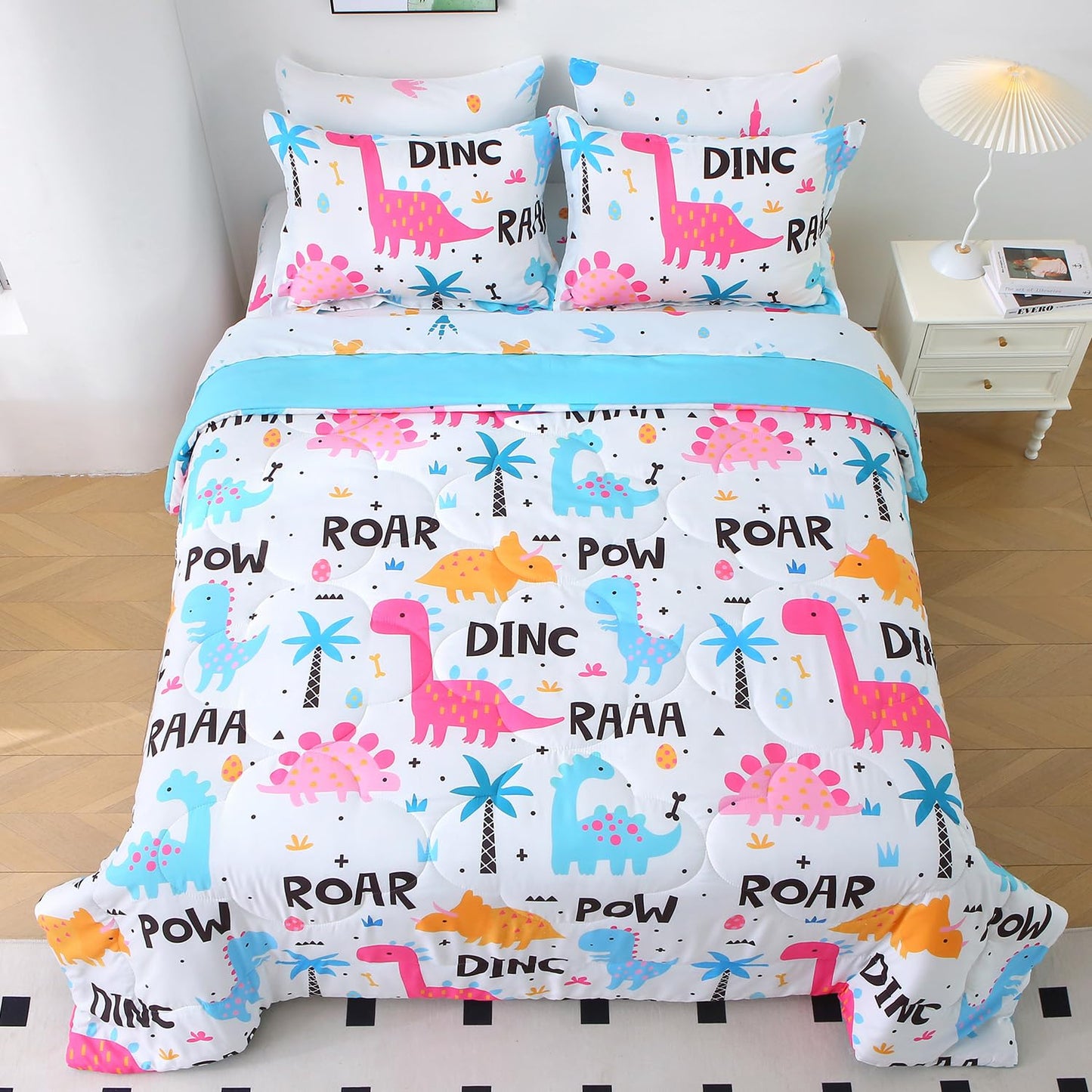 Wajade 7 Piece Kid Girls Dinosaur Comforter Set Queen Size 3D Pink Dinosaur Wild Park Jungle Print Bedding Set with Comforter, Sheet Set, Pillowcase and Sham