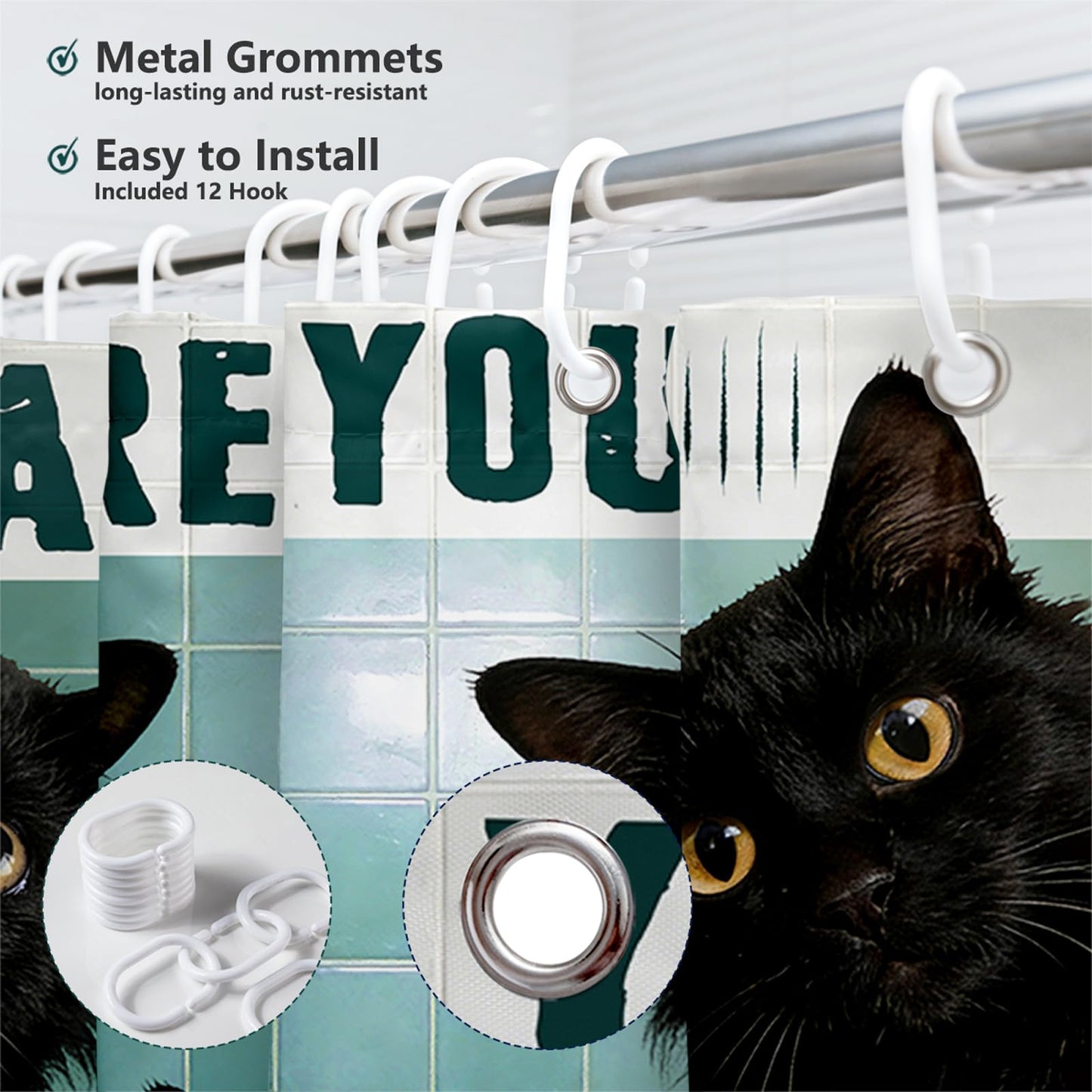 MEHOFOND Funny Cat Shower Curtain Cute Fun Black Cats Green Tiles Shower Curtain for Bathroom are You Pooping Bathtub Decor Fabric Waterproof Washable Bath Curtain 72x72 Inch