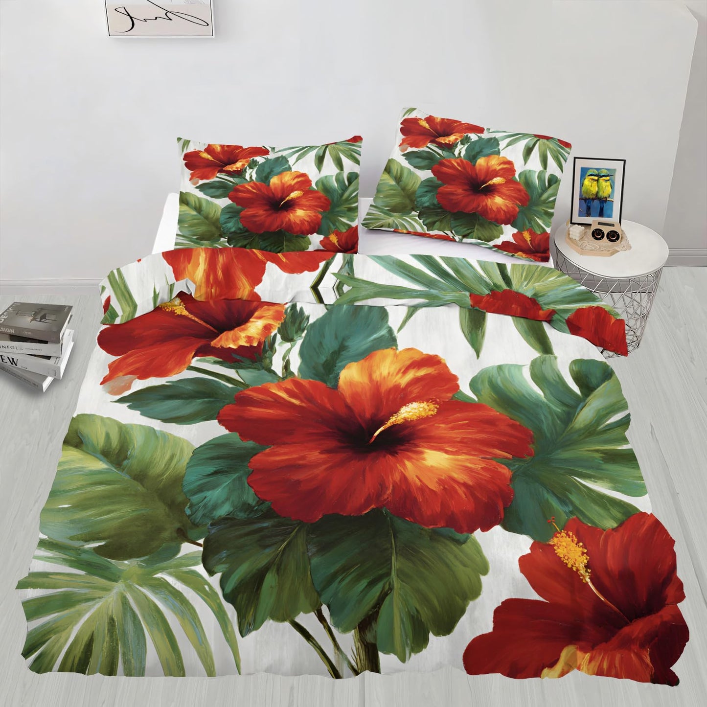 ZAMODE Floral Comforter Cover 104" x 90", Tropical Plants Hibiscus Bedding King Size, Hawaiian Summer Floral Duvet Cover with 2 Pillowcases