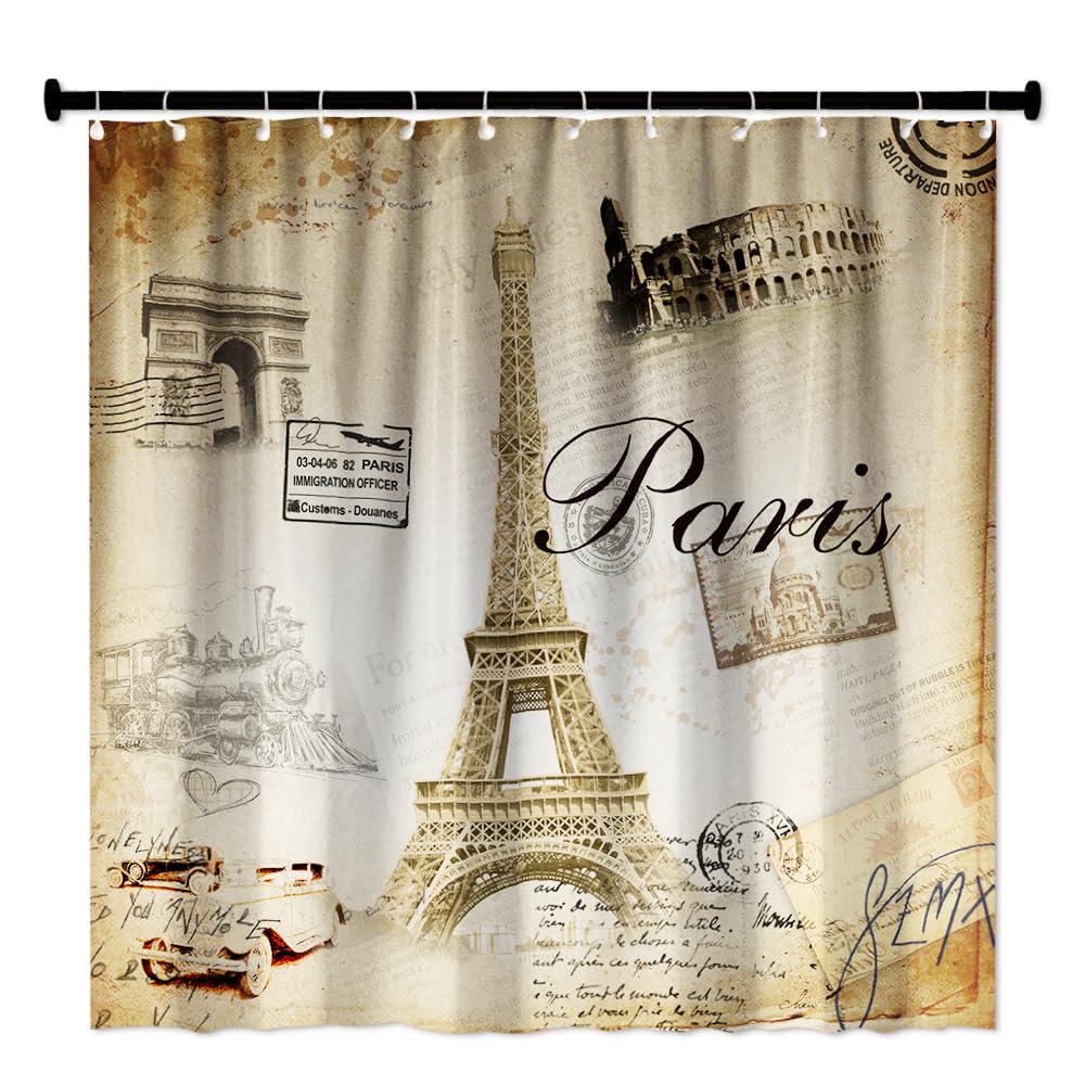 Careyoungs Eiffel Tower Shower Curtain Set Paris Tower Bathroom Curtain Romantic Decor Fabric Bath Curtain Set with Hooks 71X71 Inches (Brown)