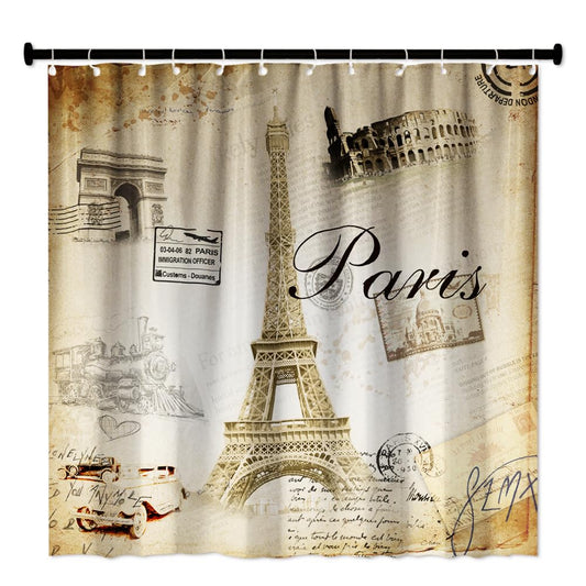 Careyoungs Eiffel Tower Shower Curtain Set Paris Tower Bathroom Curtain Romantic Decor Fabric Bath Curtain Set with Hooks 71X71 Inches (Brown)